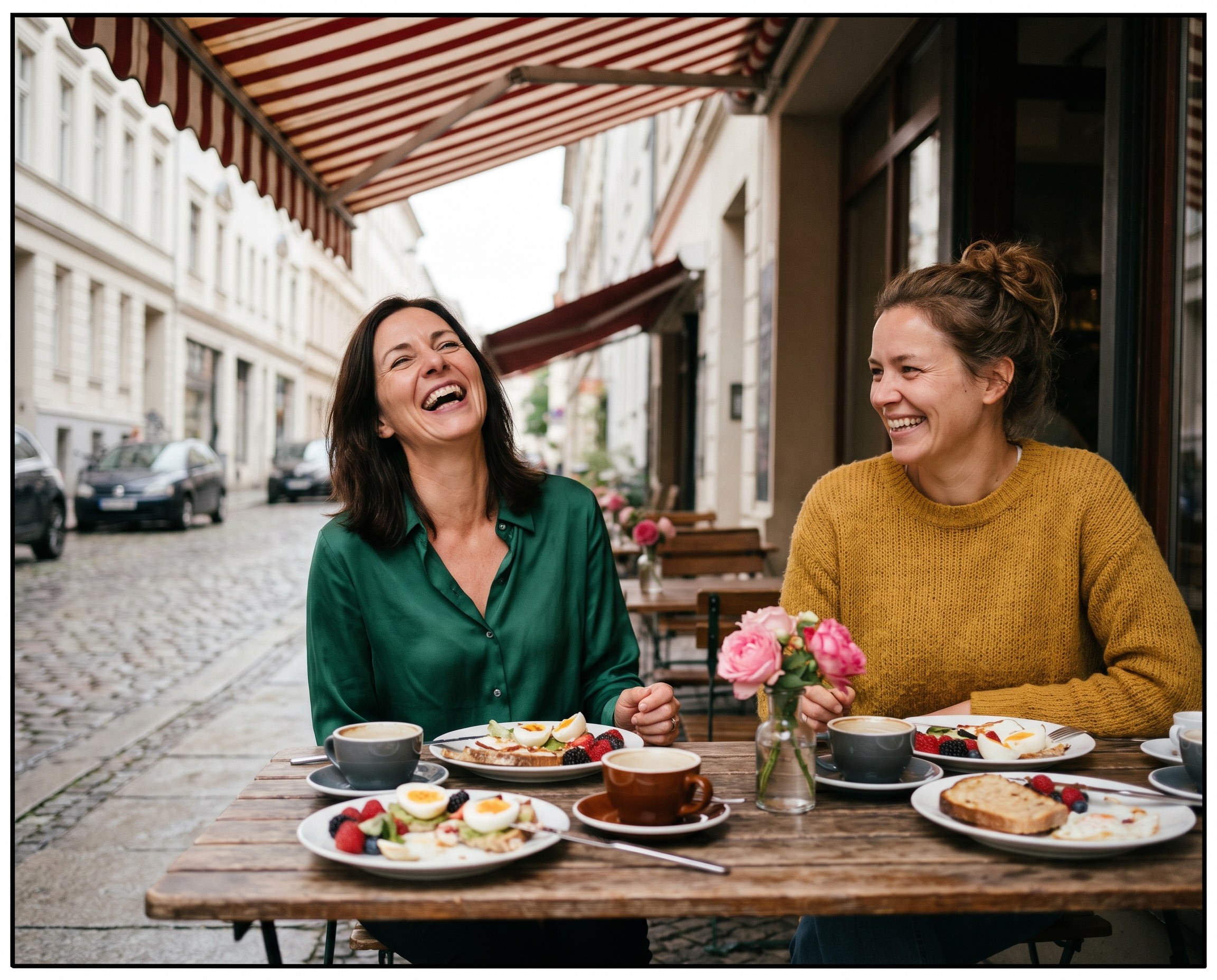 Two friends laughing over breakfast at an outdoor cafe table