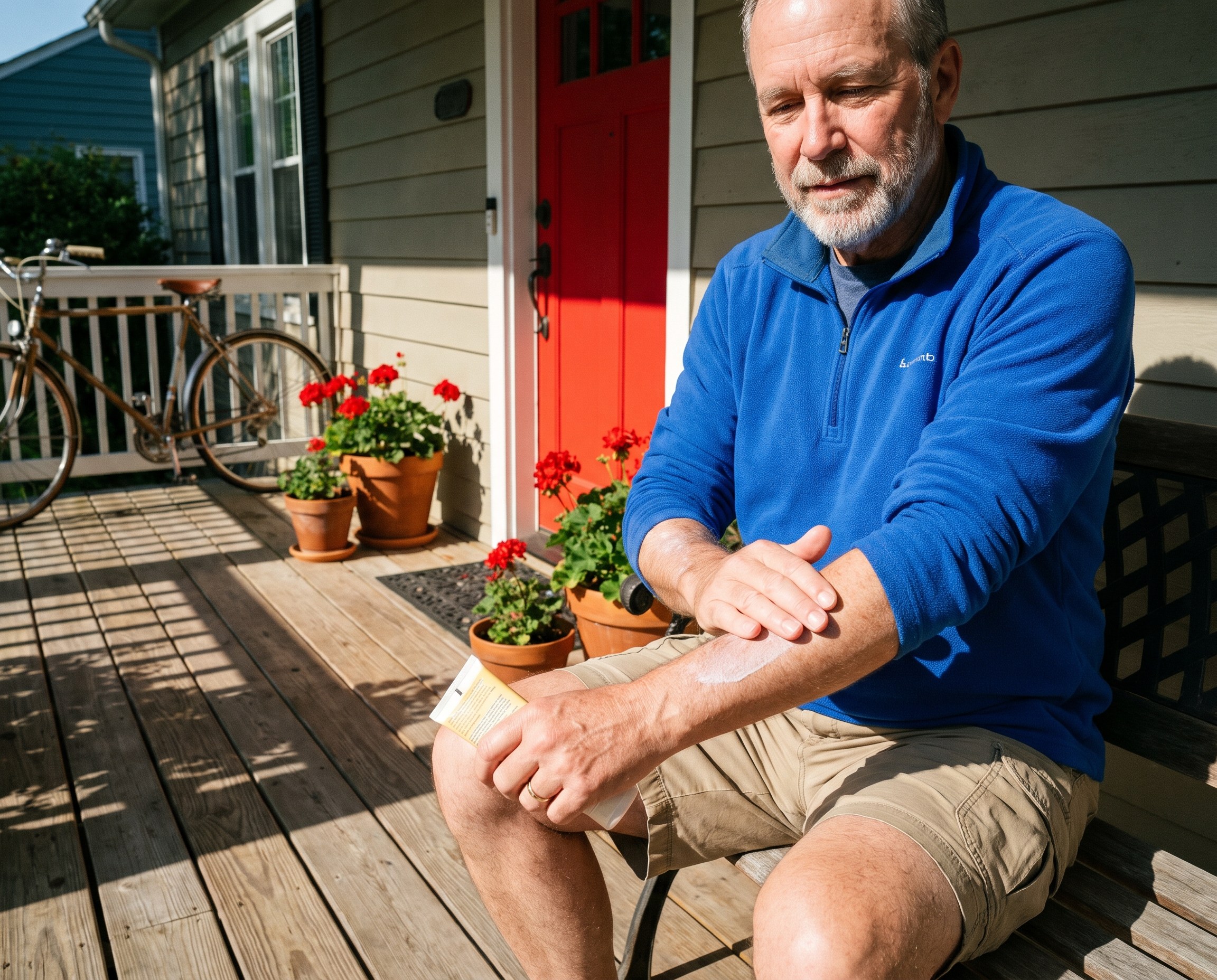 Man in a blue quarter-zip applying sunscreen to his forearms on a sunny porch