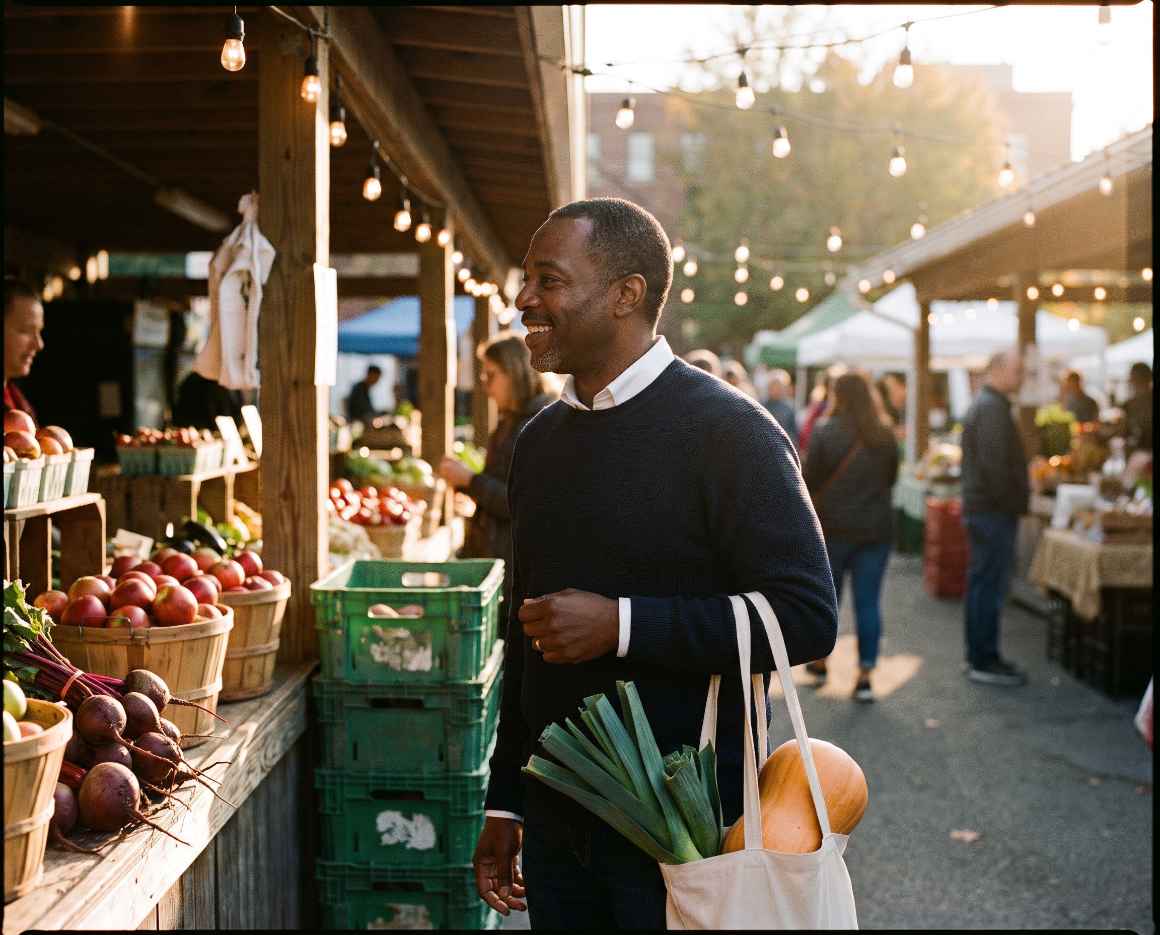 Man in a navy sweater walking through an autumn farmers market