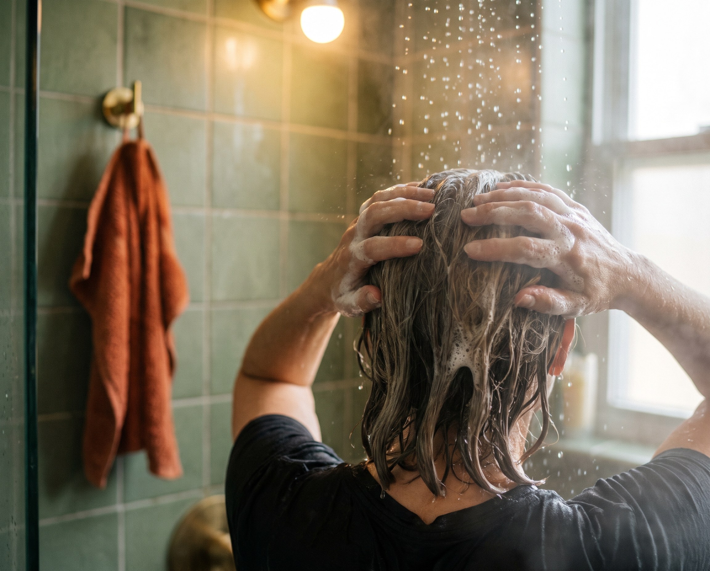 Woman with gray-streaked hair massaging shampoo lather into her scalp in the shower