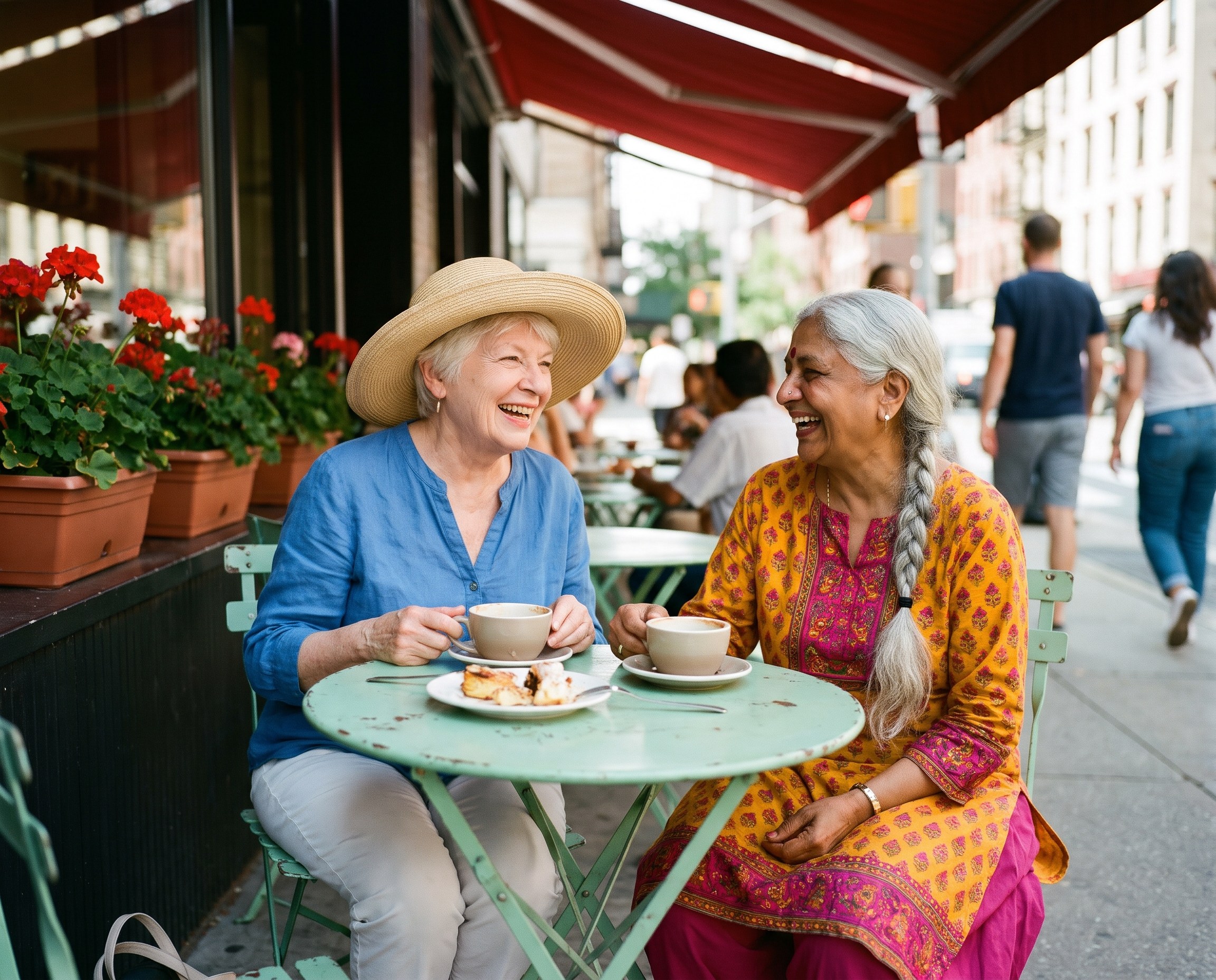 Two friends in their 60s laughing at a sidewalk cafe, one wearing a wide-brimmed sun hat