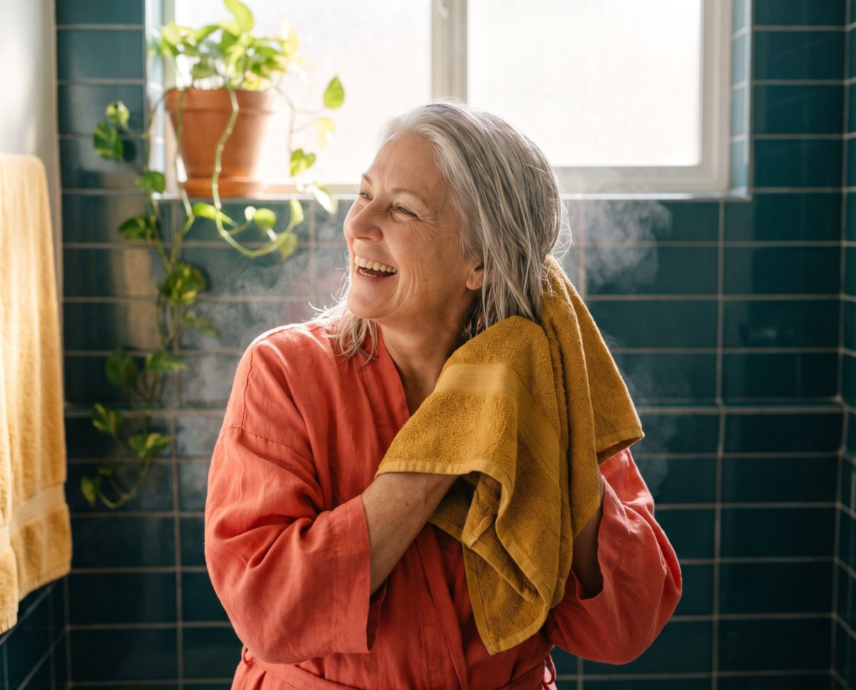 Smiling older woman holds towel in sunlit tiled bathroom