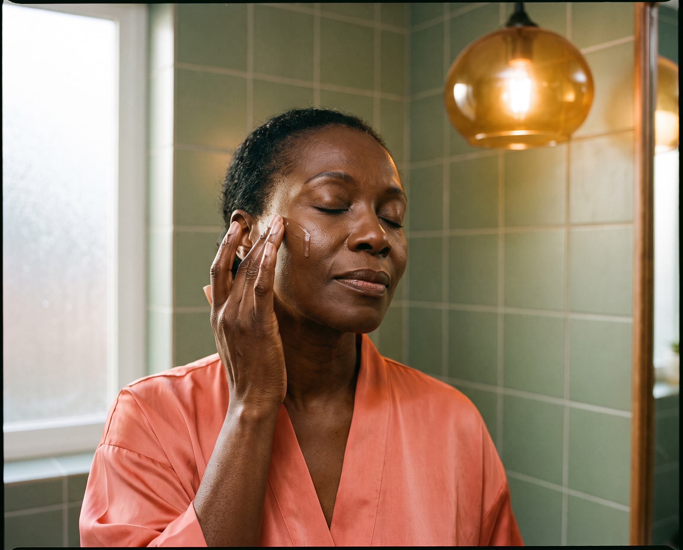 Black woman in her late 50s applying serum with fingertips in a sage-green bathroom, wearing a coral top