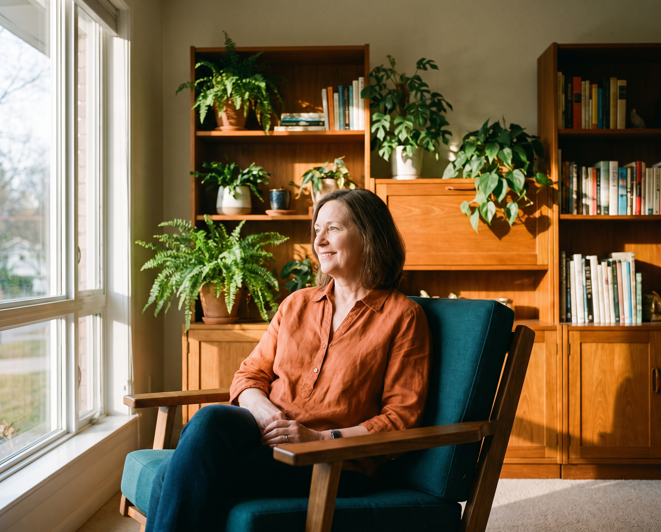 Caucasian woman in her early 60s seated in a sunlit living room armchair with teal cushions, wearing a rust-orange blouse