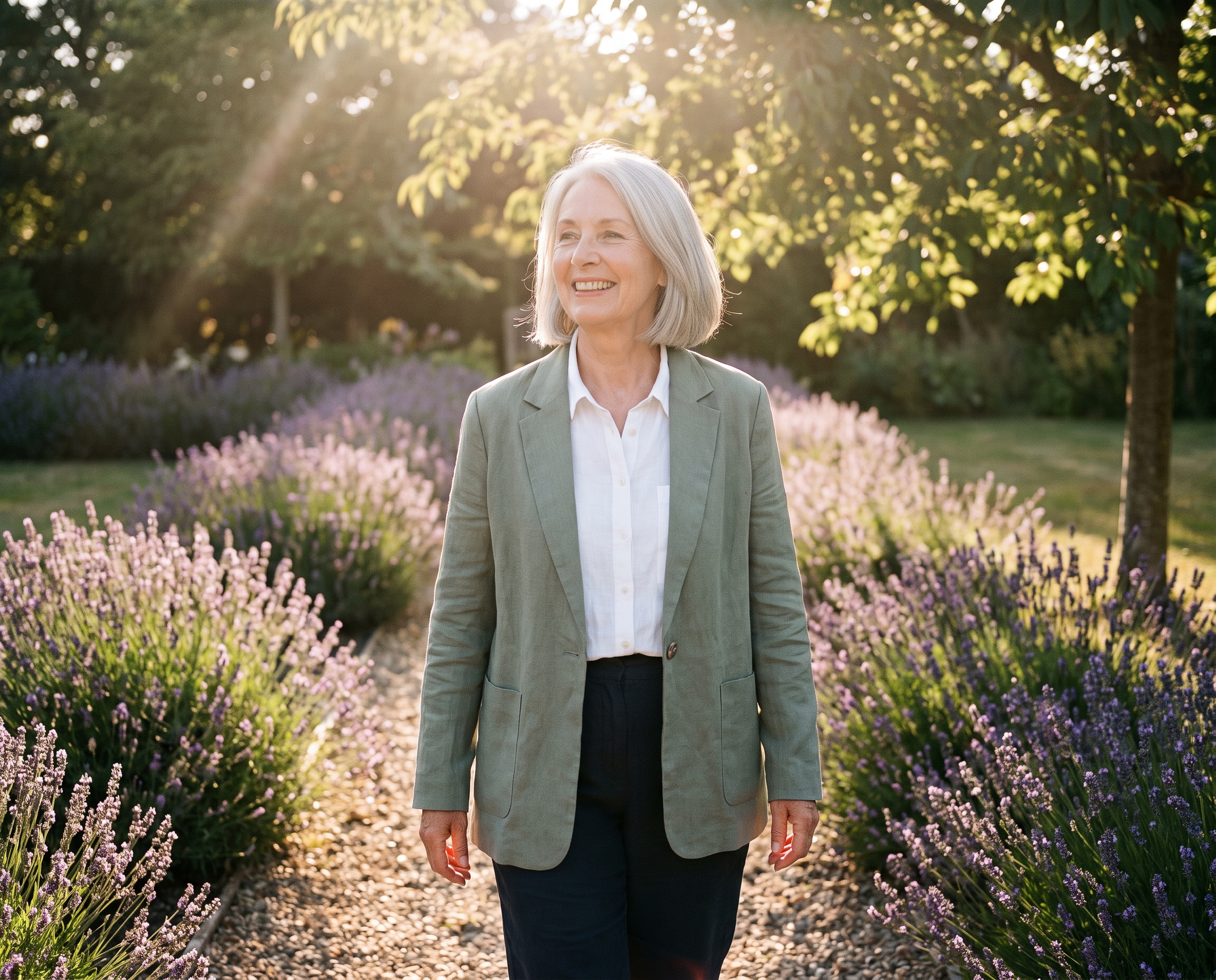 Caucasian woman in her mid-60s with silver hair walking along a lavender-lined garden path in a sage-green blazer