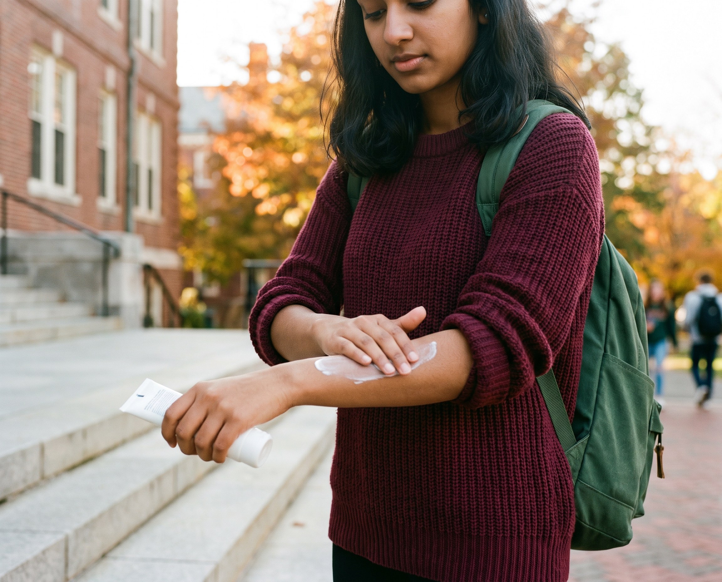 Student applying sunscreen to her forearm on campus steps in autumn