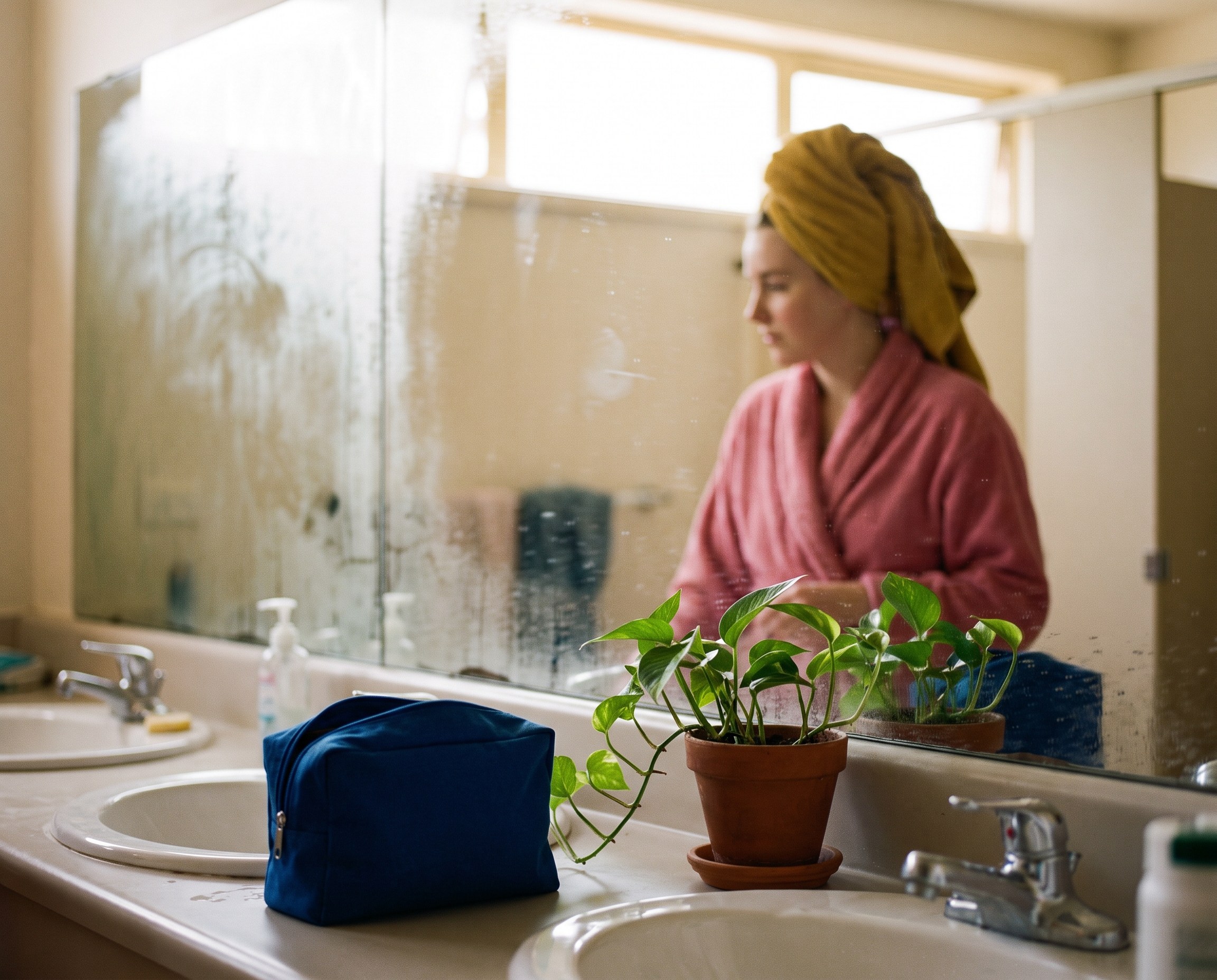 Steamy shared dorm bathroom with a makeup bag on the sink and a student drying her hair