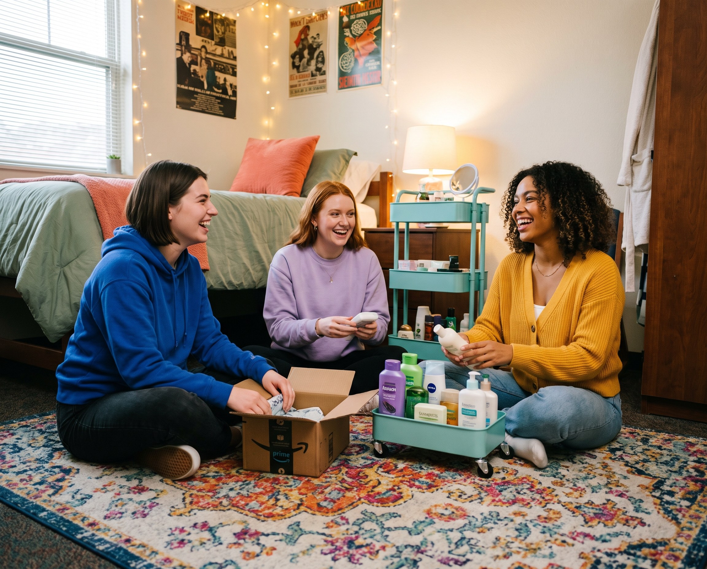 Three friends unpacking a care package of toiletries on a dorm room rug