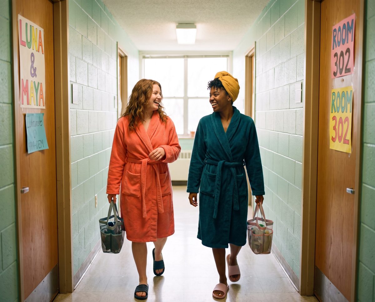 Two women in bathrobes walk through a dorm hallway.