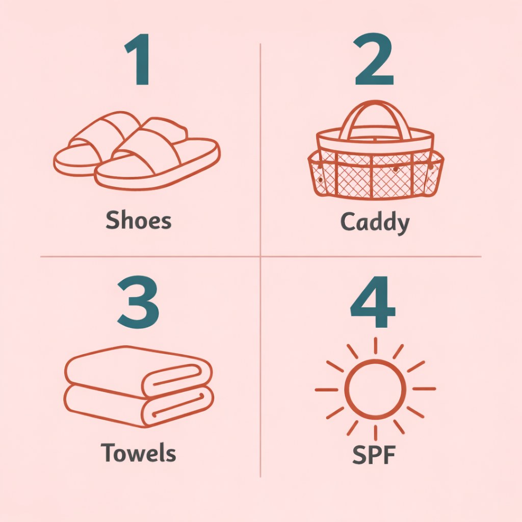 Infographic of four dorm shower essentials: shoes, caddy, towels, SPF