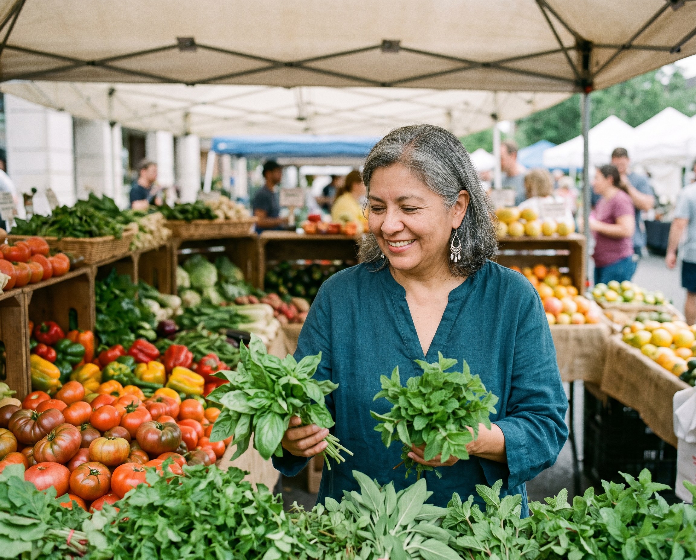 A Hispanic woman in her early 60s browsing colorful produce at a farmers market, wearing a teal linen blouse