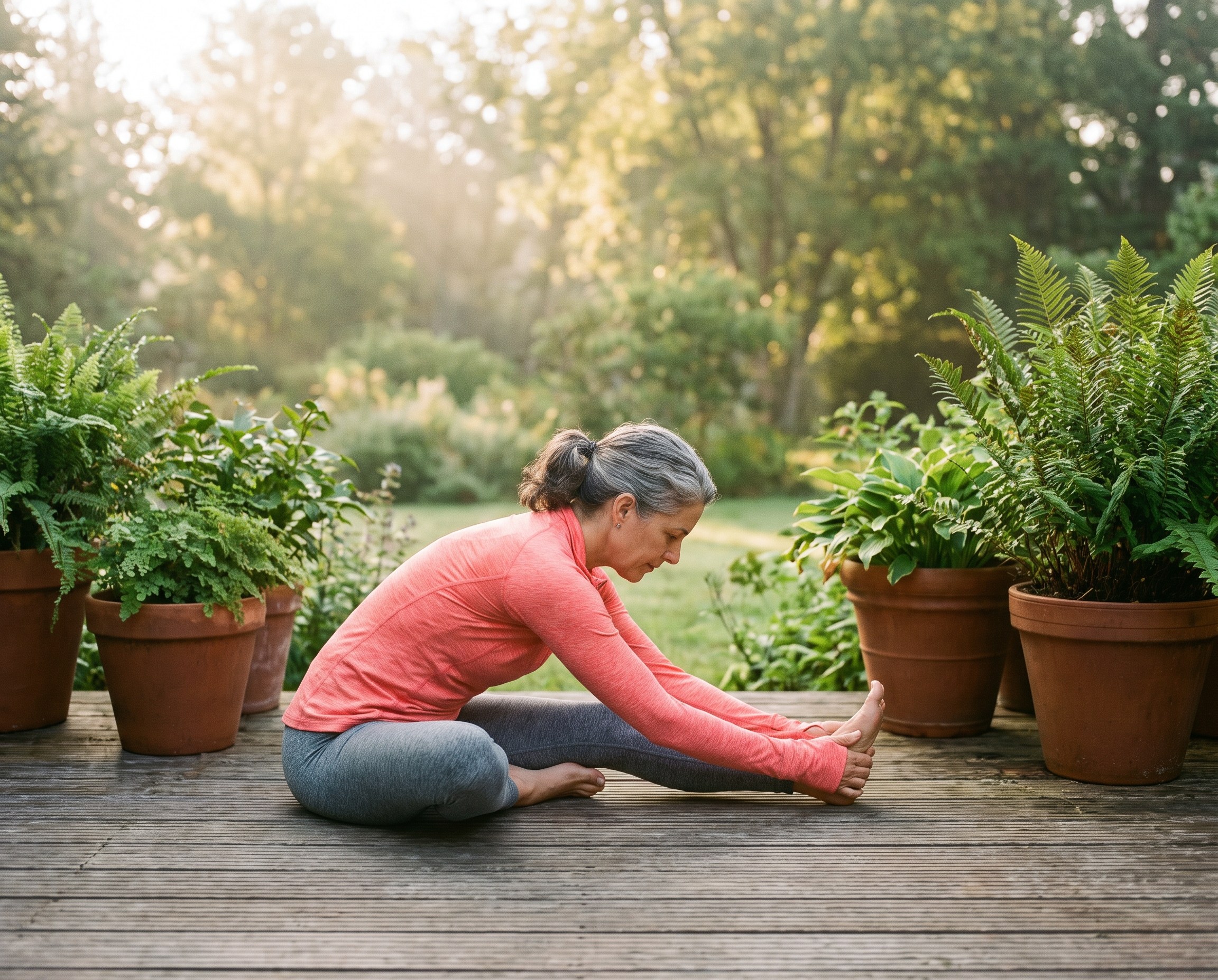 A Caucasian woman in her mid-50s doing gentle yoga on a wooden deck surrounded by terracotta pots, wearing a coral athletic top