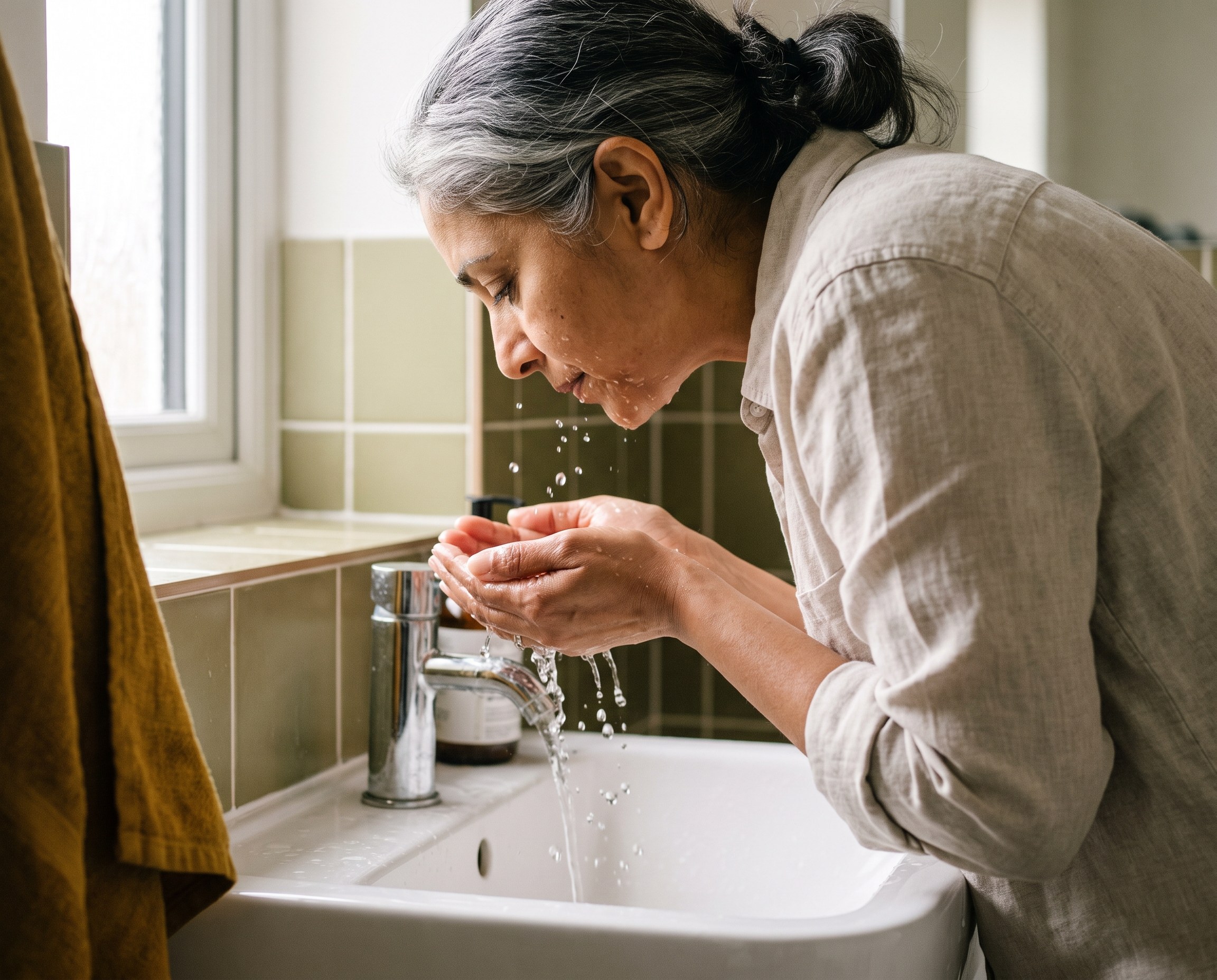 A South Asian woman in her early 50s splashing water on her face at a white ceramic sink with sage green tiles