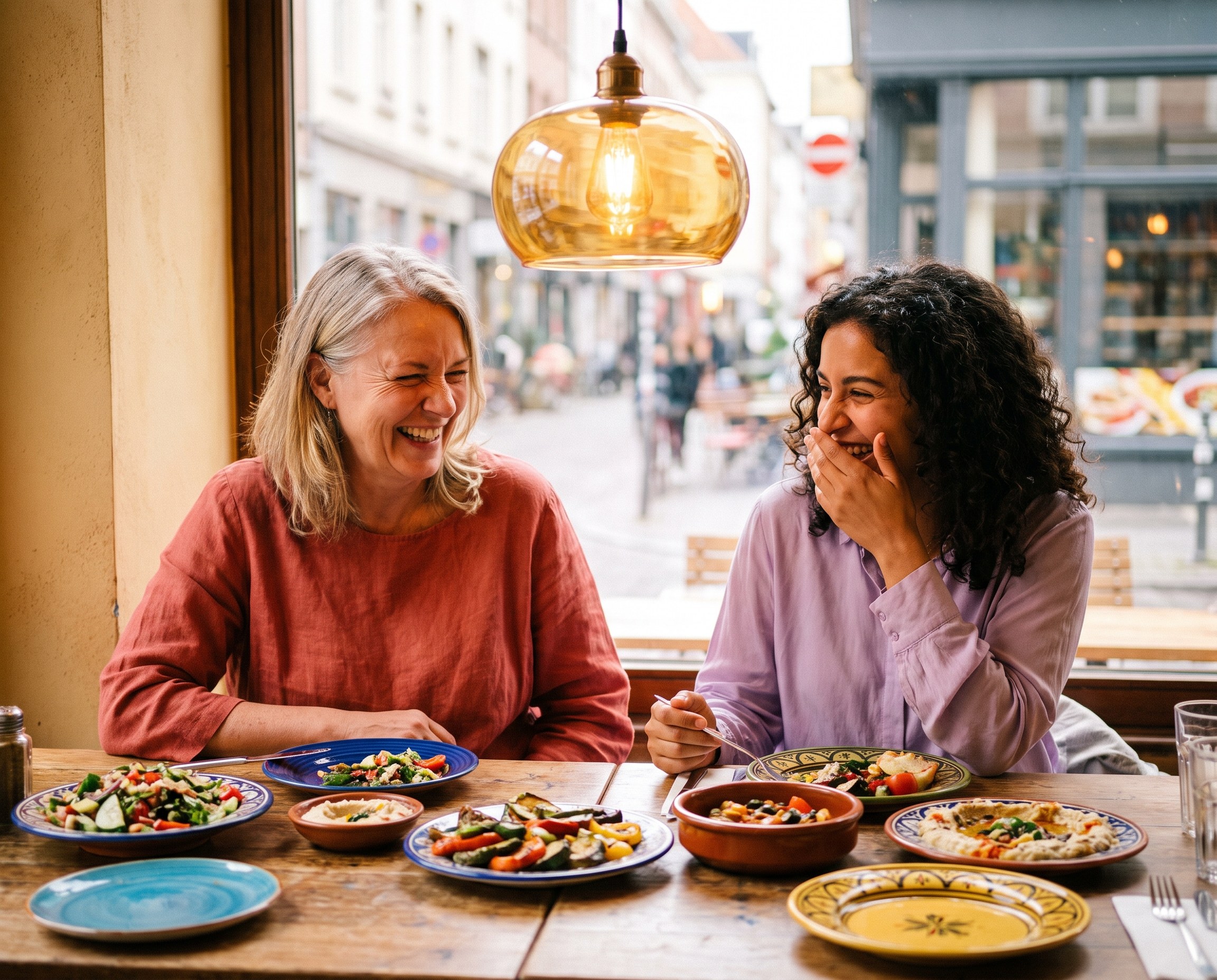 Two Caucasian women in their 50s and 60s laughing together over a shared meal at a sunlit restaurant table