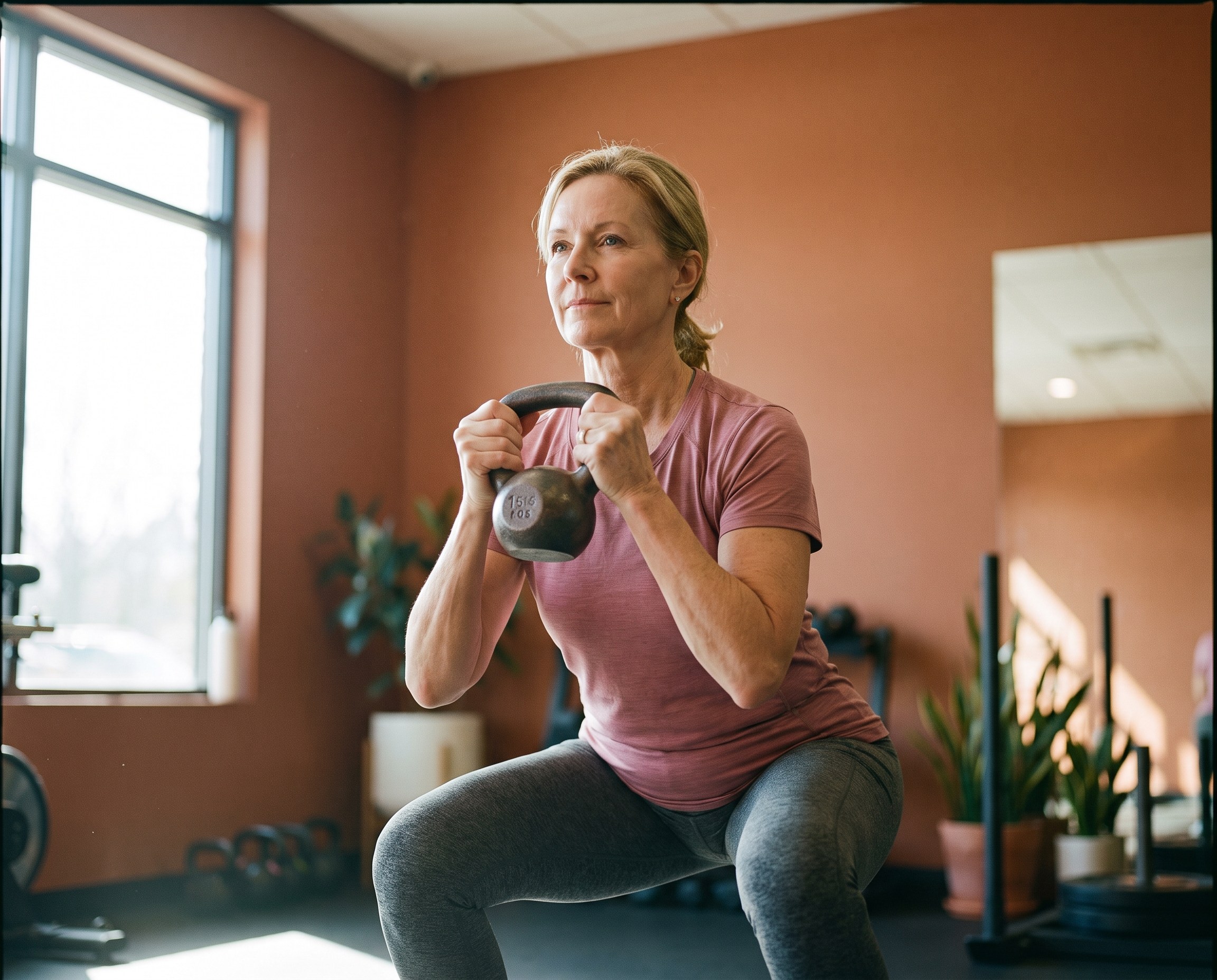 A woman in her 60s performing a controlled goblet squat in a bright gym with terracotta walls