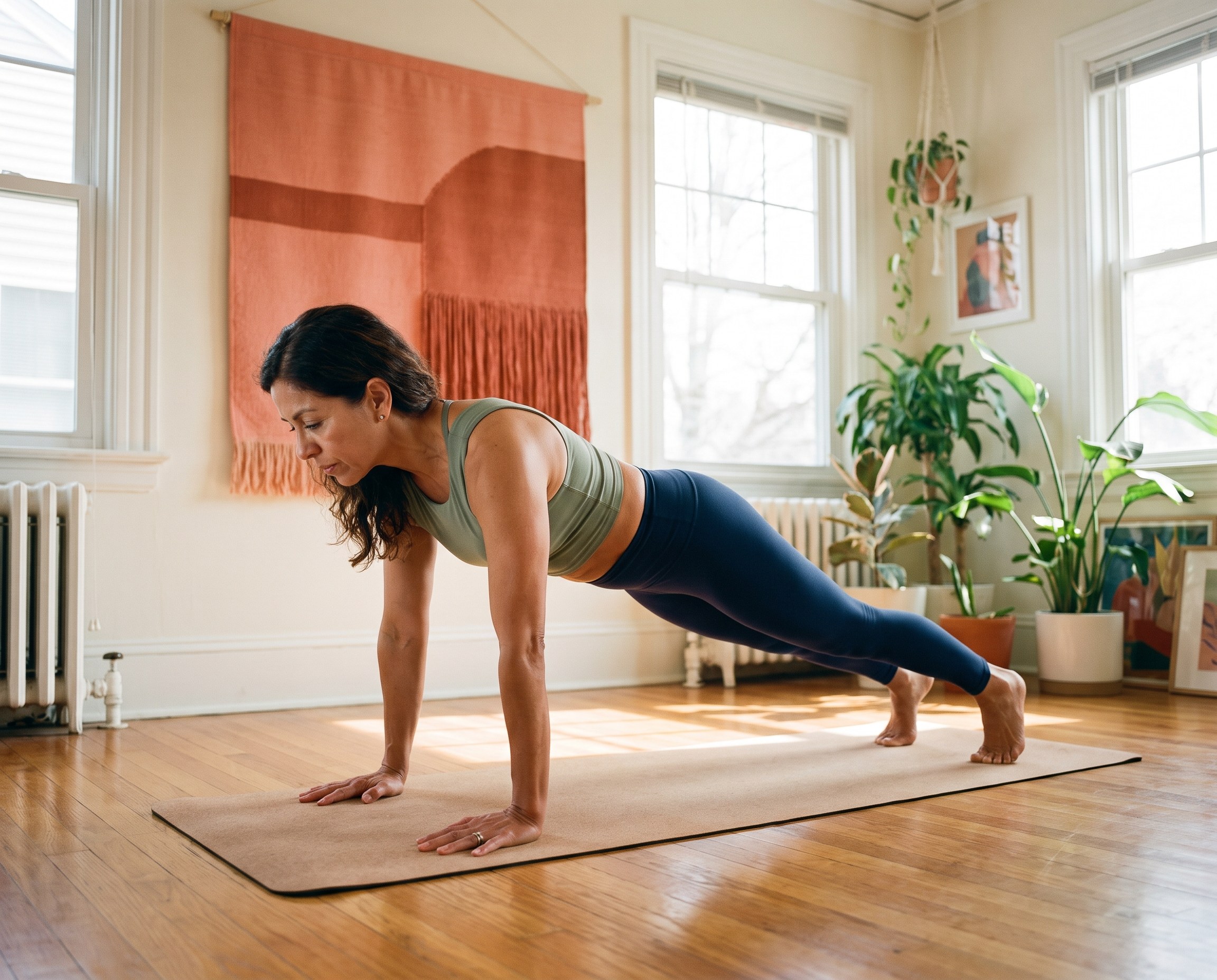 A woman in her mid-50s holding a plank on a yoga mat in a sunlit home studio