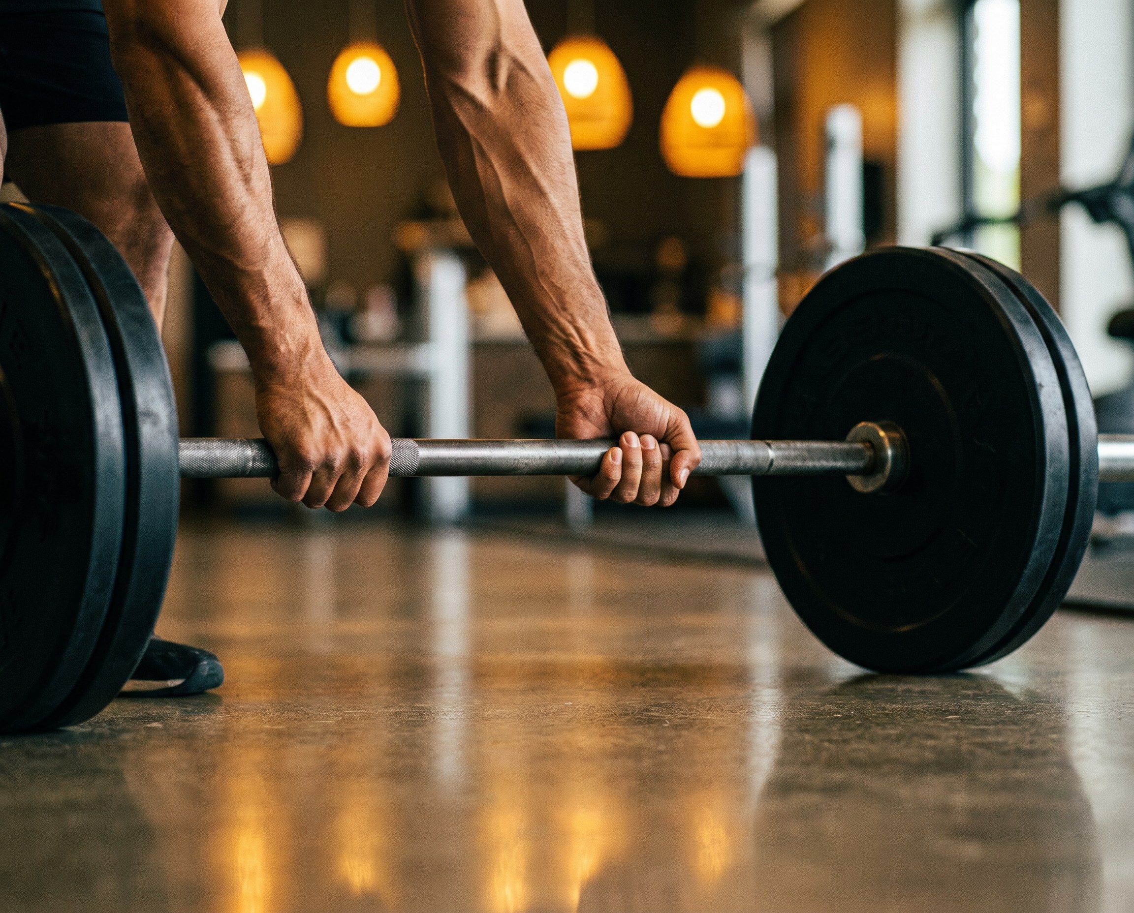 Close-up of strong hands gripping a trap bar on a gym floor with warm amber lighting