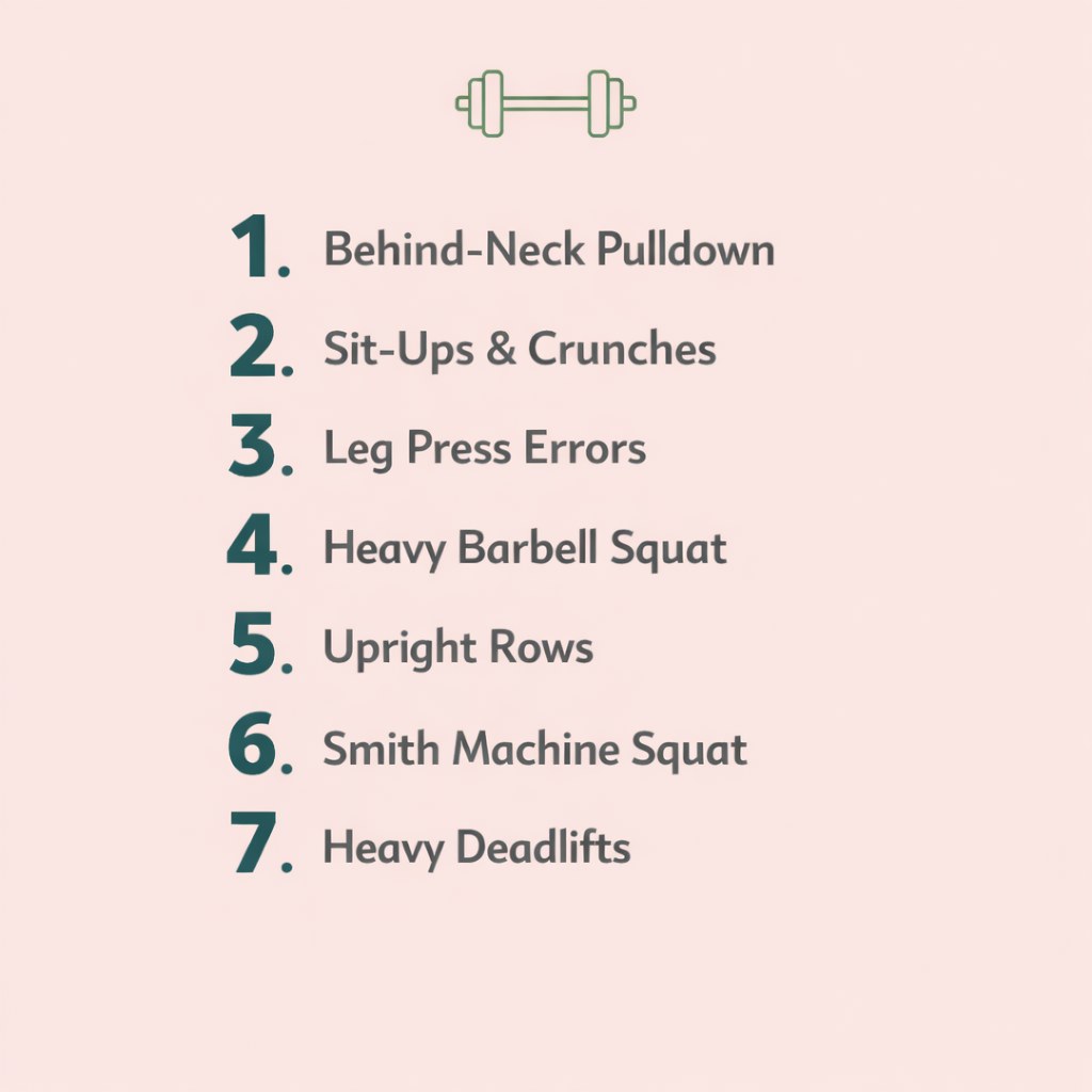 Infographic listing 7 exercises women over 50 should avoid at the gym