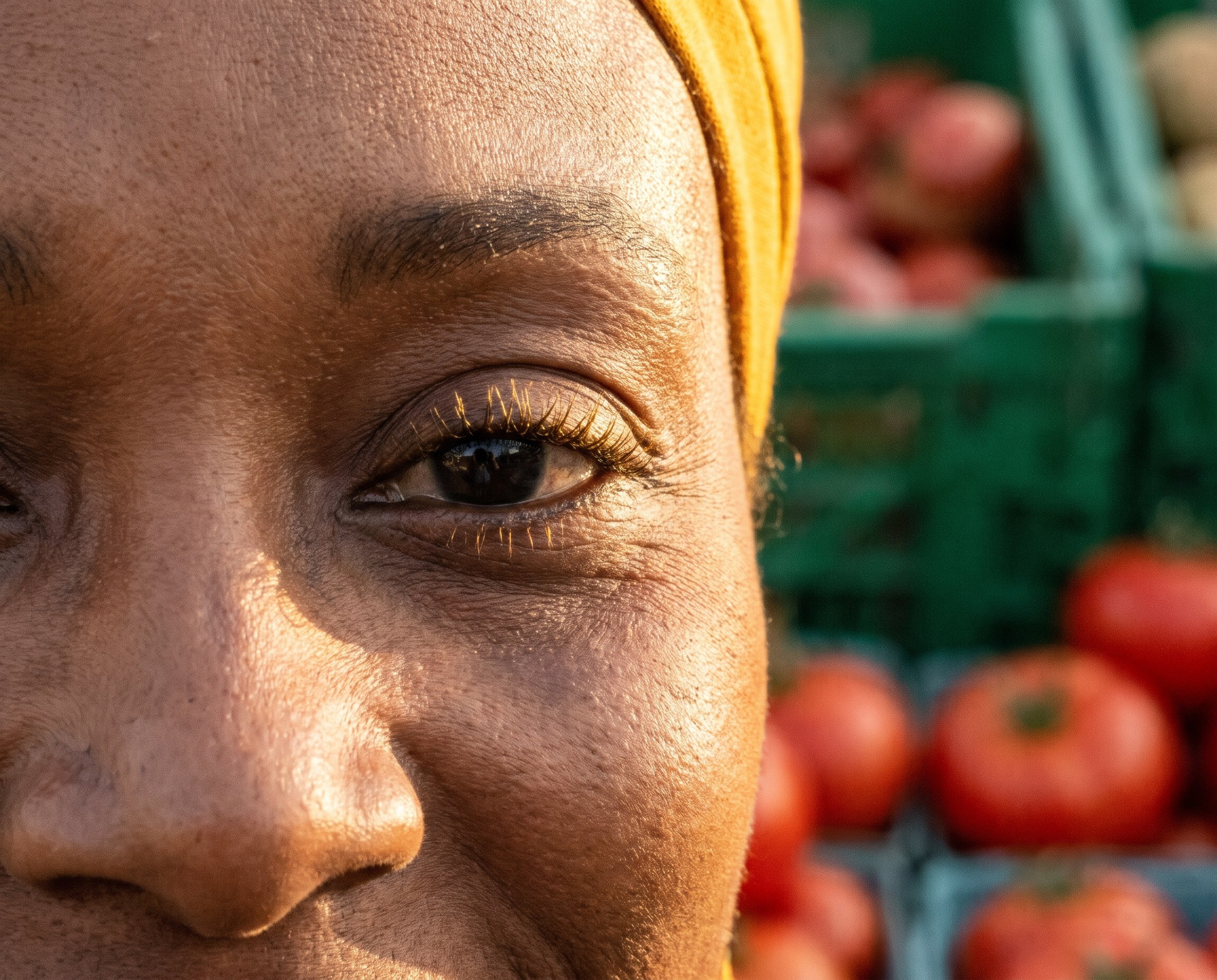 Close-up of the eye area of a smiling woman at a farmers market, showing natural fine lines