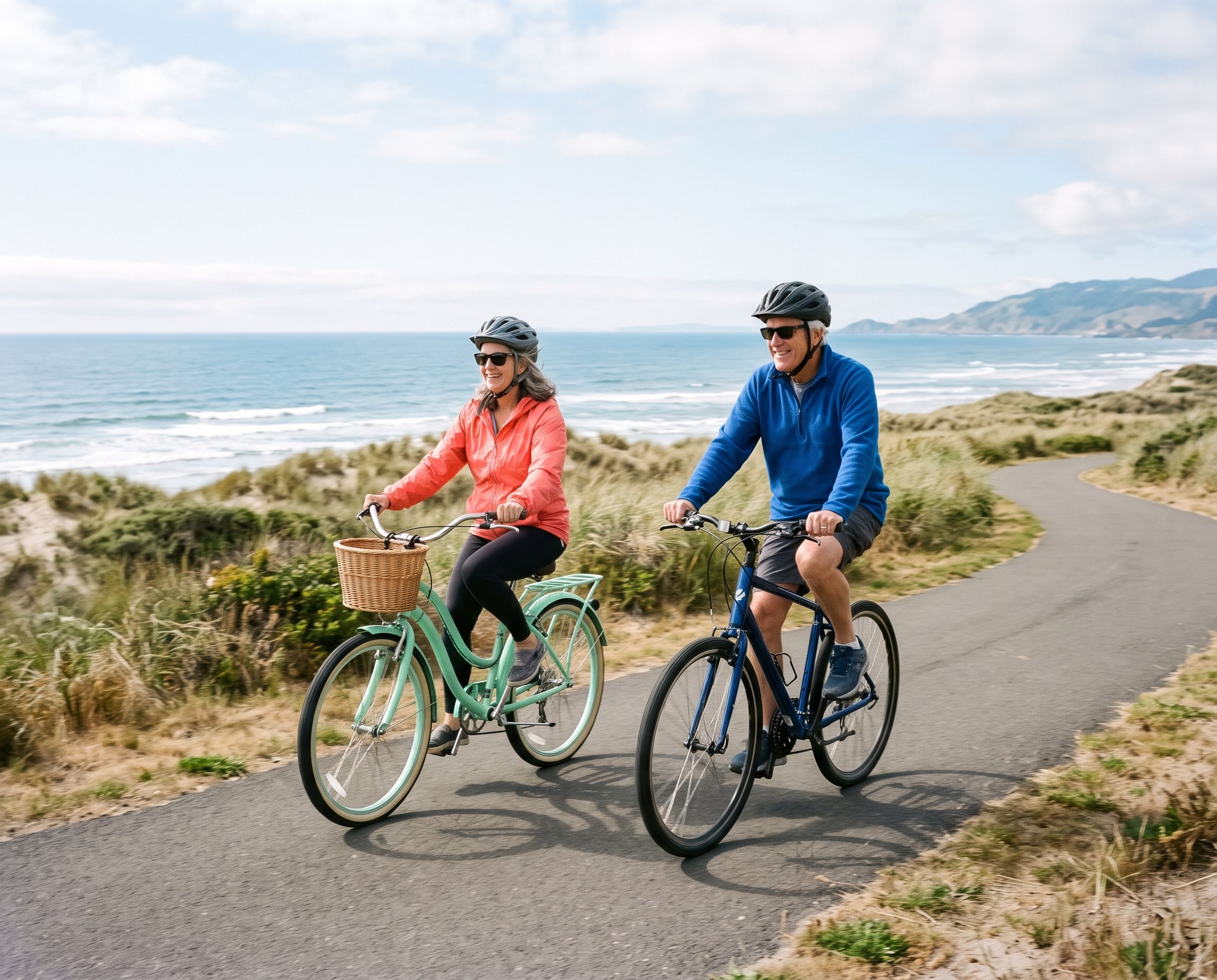 Older couple in sunglasses cycling along a coastal bike path