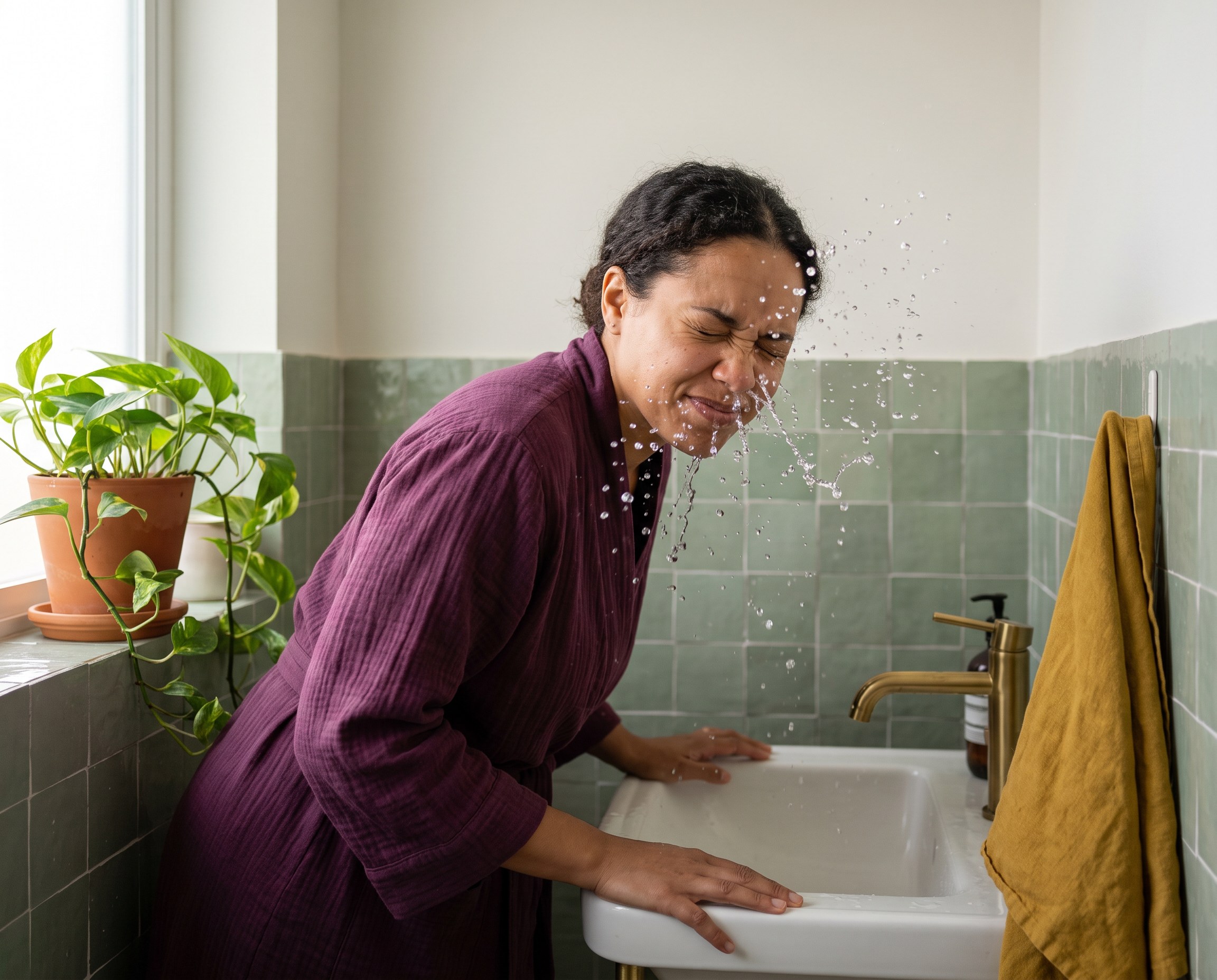 Woman splashing cold water on her face at a sink in a green tiled bathroom