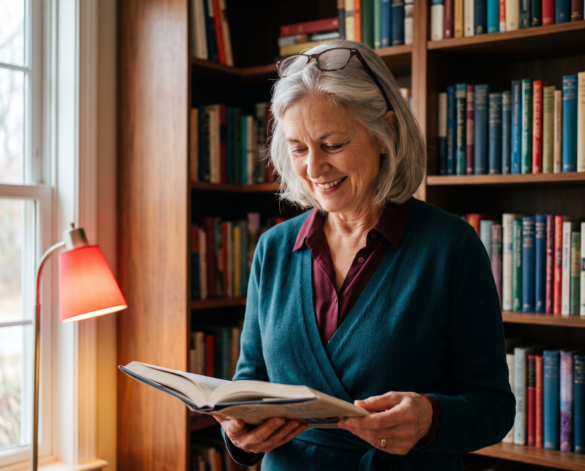 Woman in her sixties with reading glasses smiling at a book in a cozy bookstore