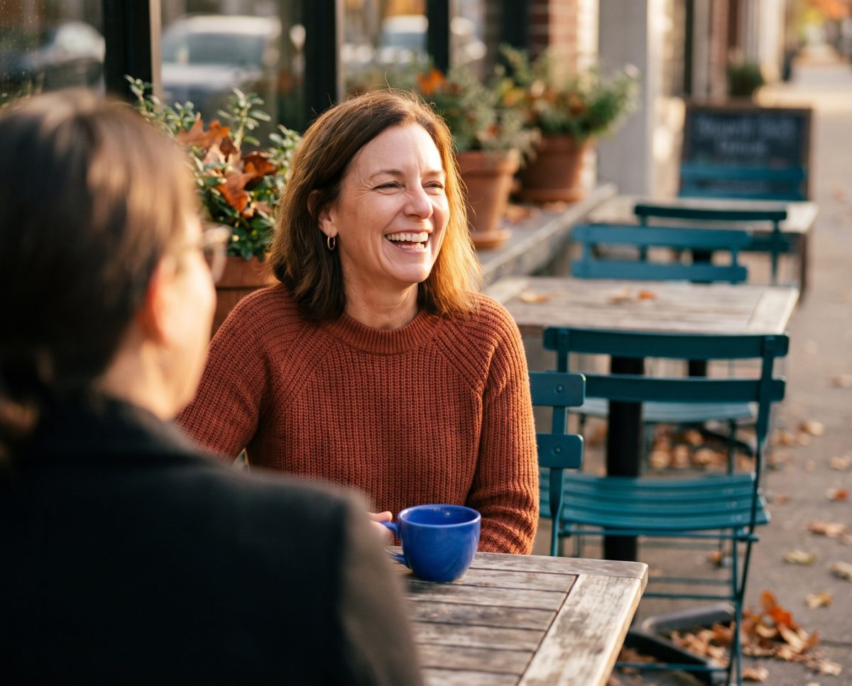 Woman laughing with friend at outdoor café