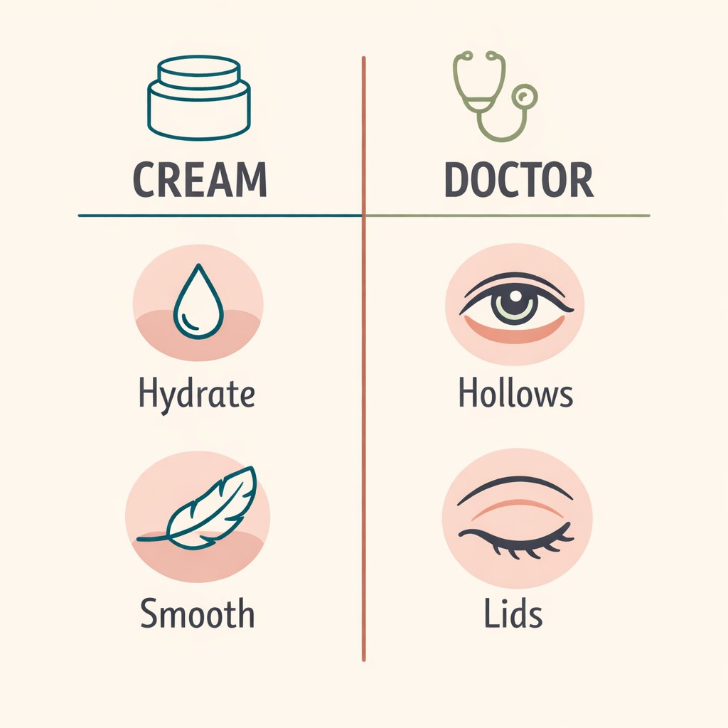 Infographic comparing what eye cream can help with versus what needs a doctor