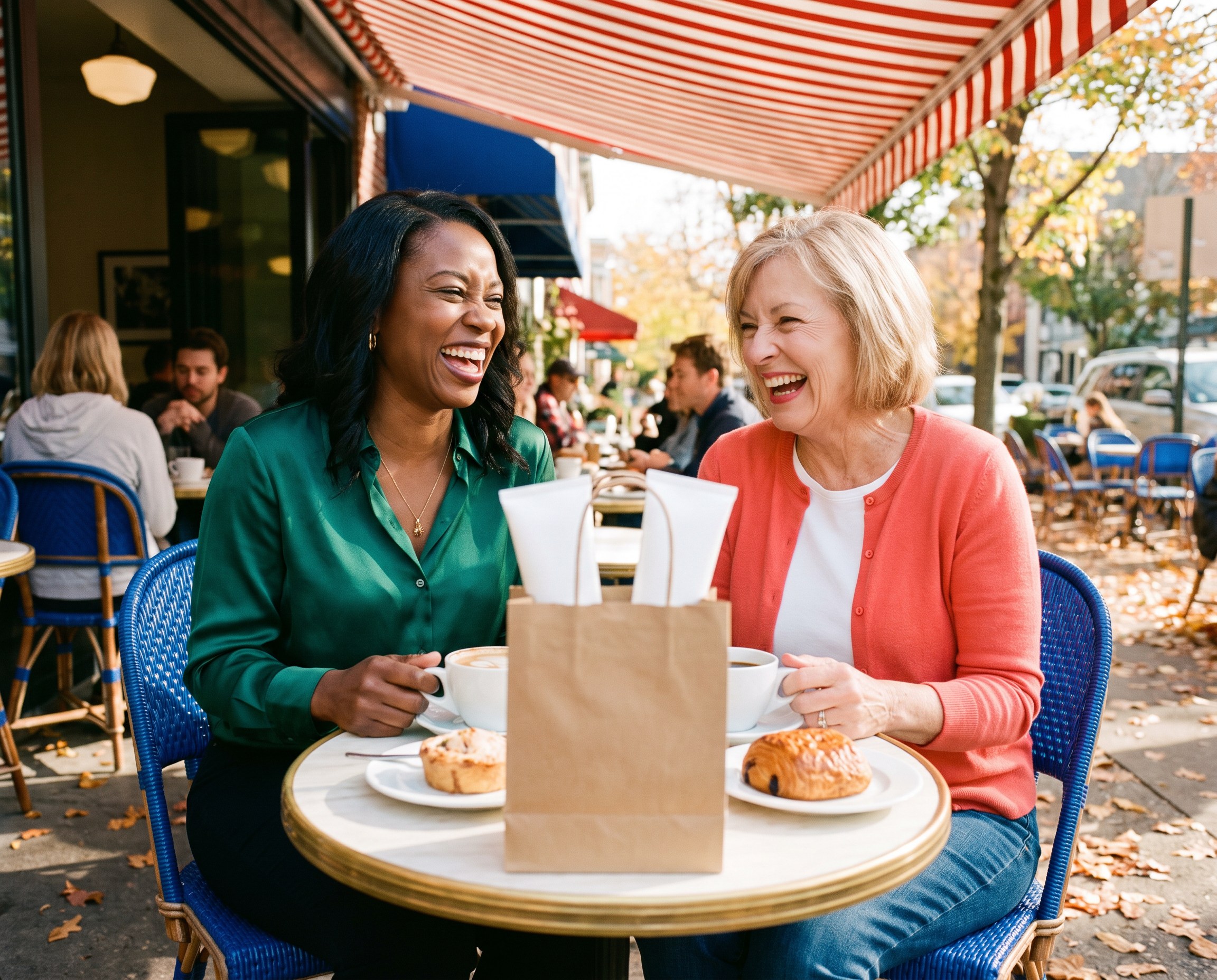Two friends laughing at a sidewalk cafe with a small bag of skincare between their coffee cups
