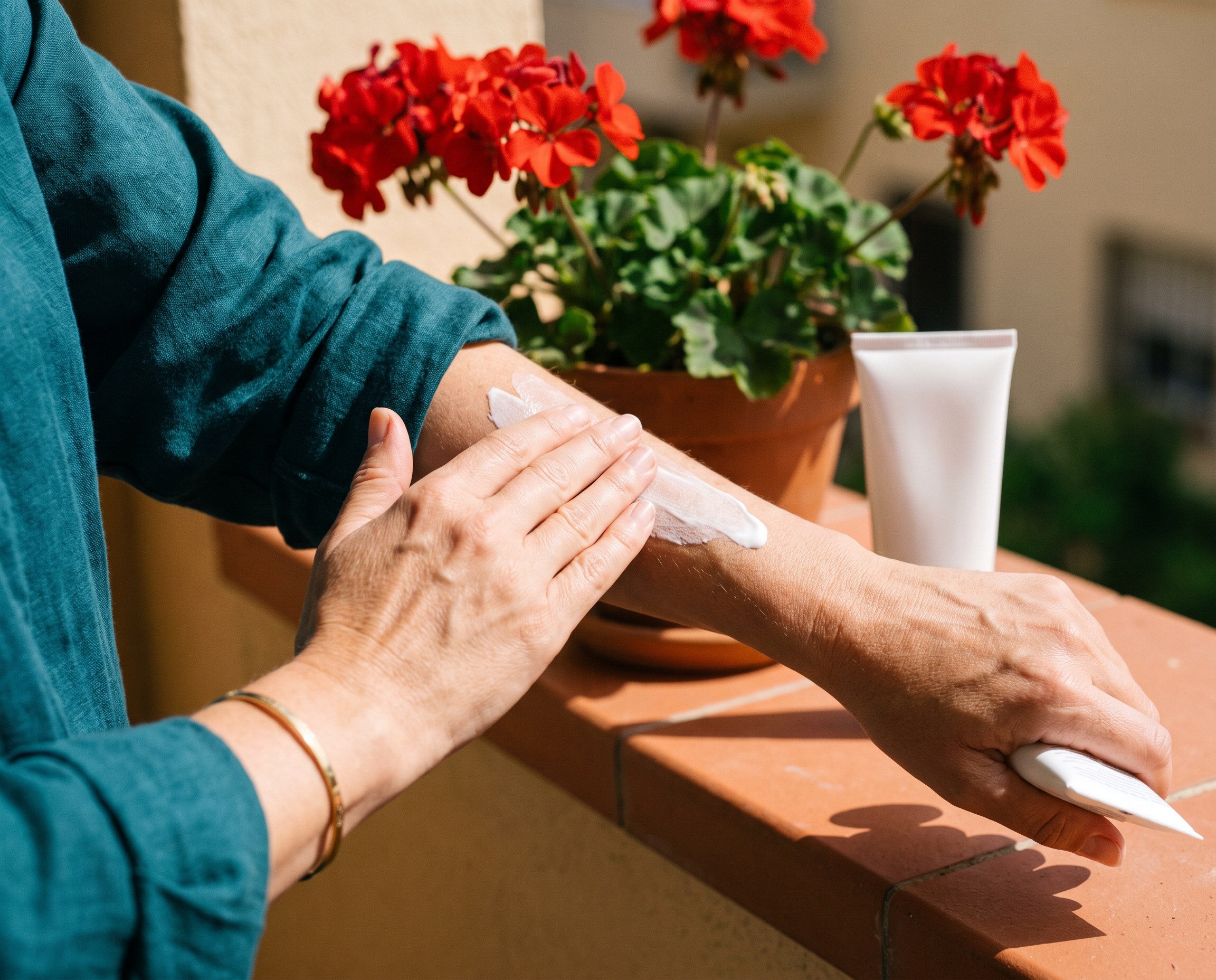 Close-up of a woman smoothing sunscreen onto her forearm on a sunny balcony