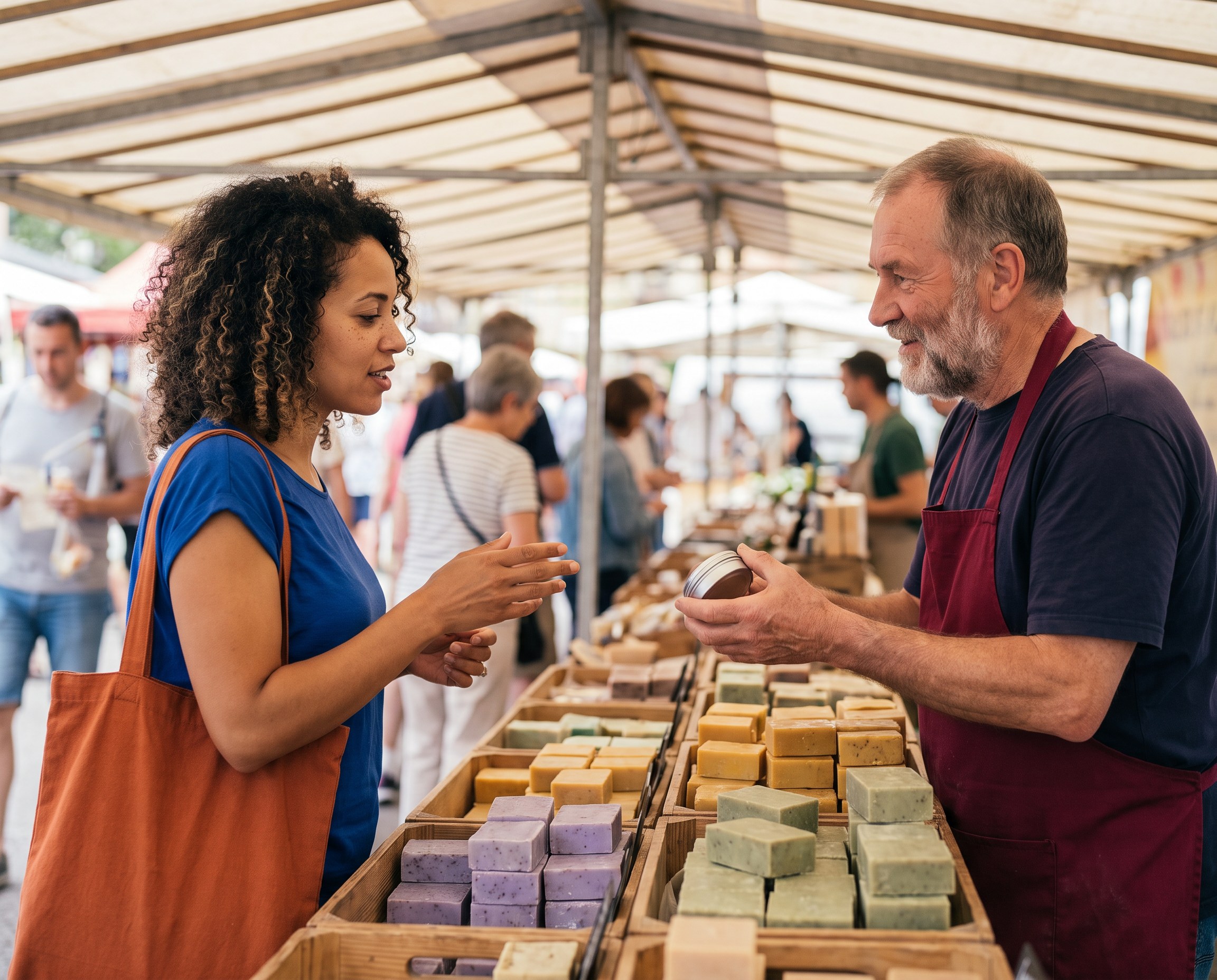 Shopper asking a soap maker a question at a farmers market stall