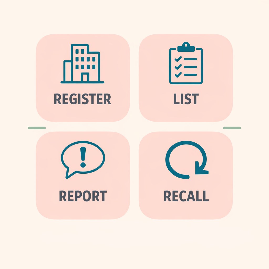 Infographic showing four MoCRA duties: register, list, report, recall