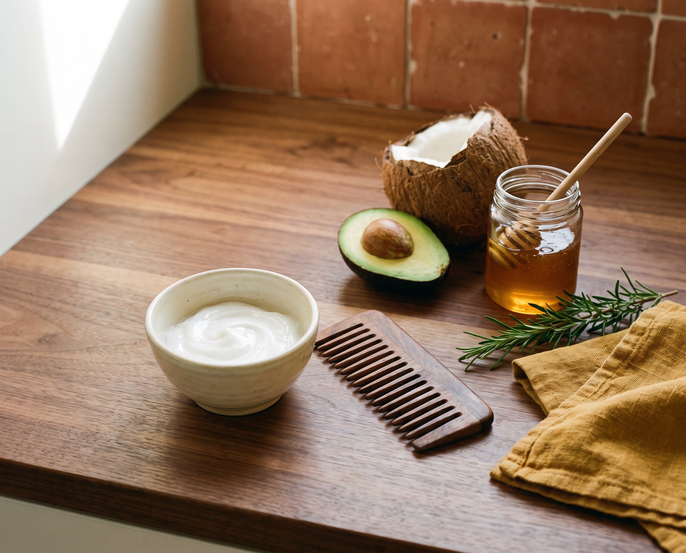 Bowl of conditioning cream with a wide-tooth comb, avocado, coconut and honey