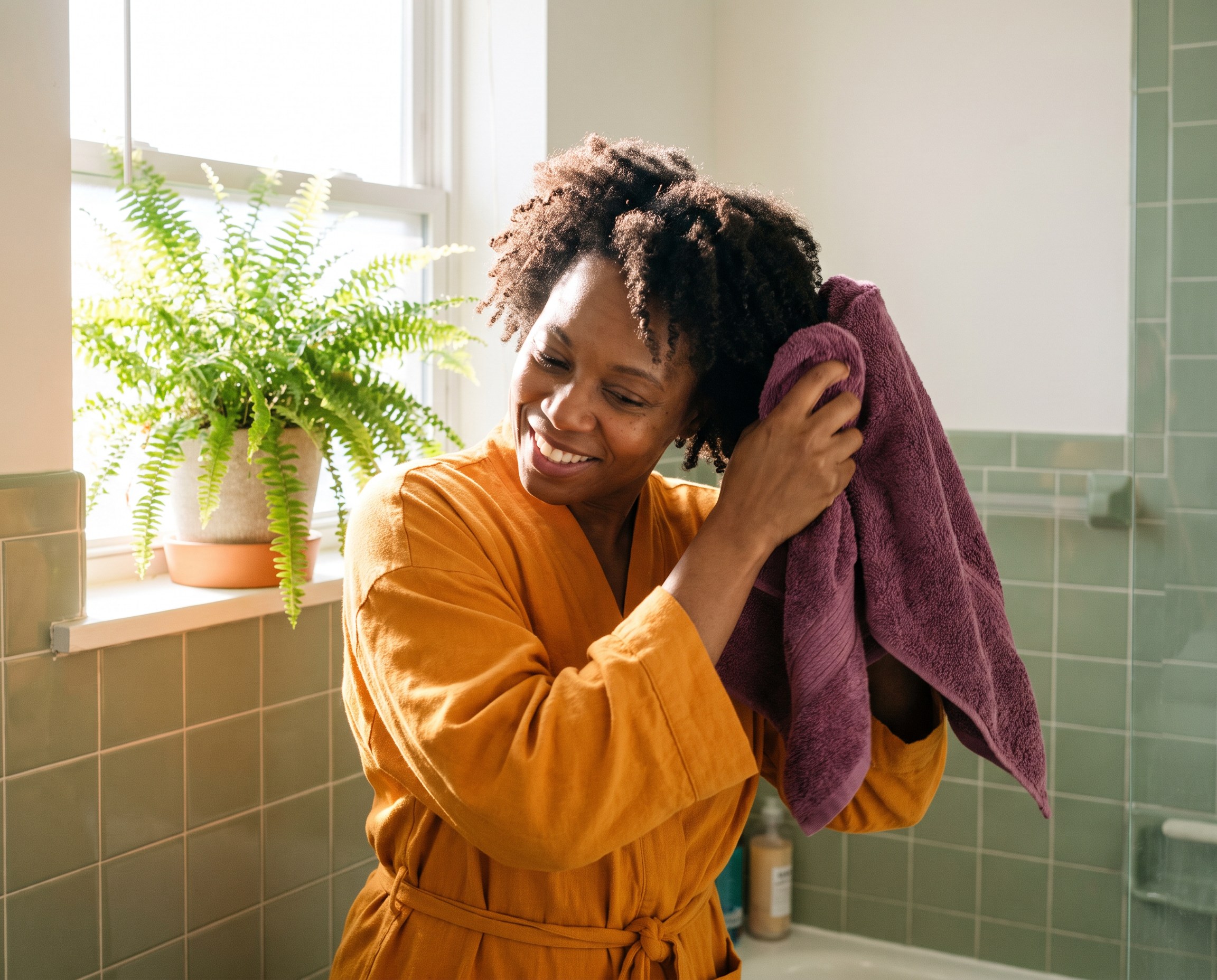 Woman with natural coily hair towel-drying her hair in a sunlit bathroom