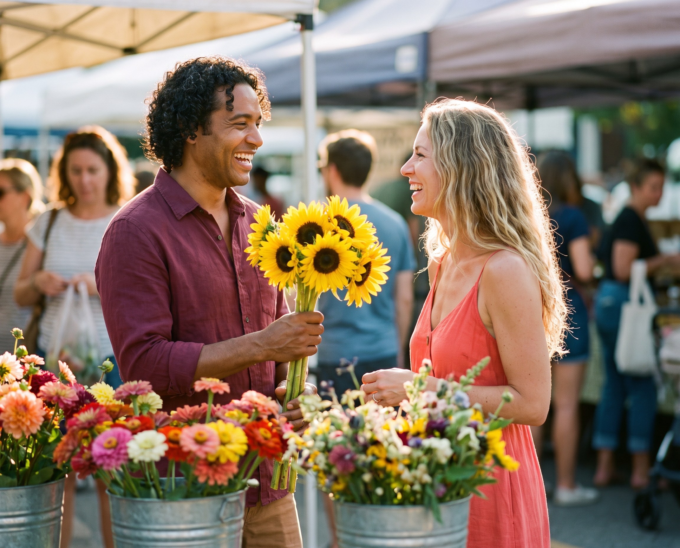 Two friends with glossy hair laughing at a farmers market flower stall