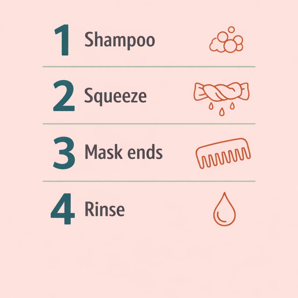 Four steps to use a hair mask: shampoo, squeeze, mask ends, rinse