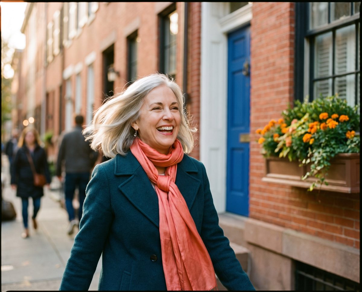 Smiling woman in pink scarf walks along city sidewalk