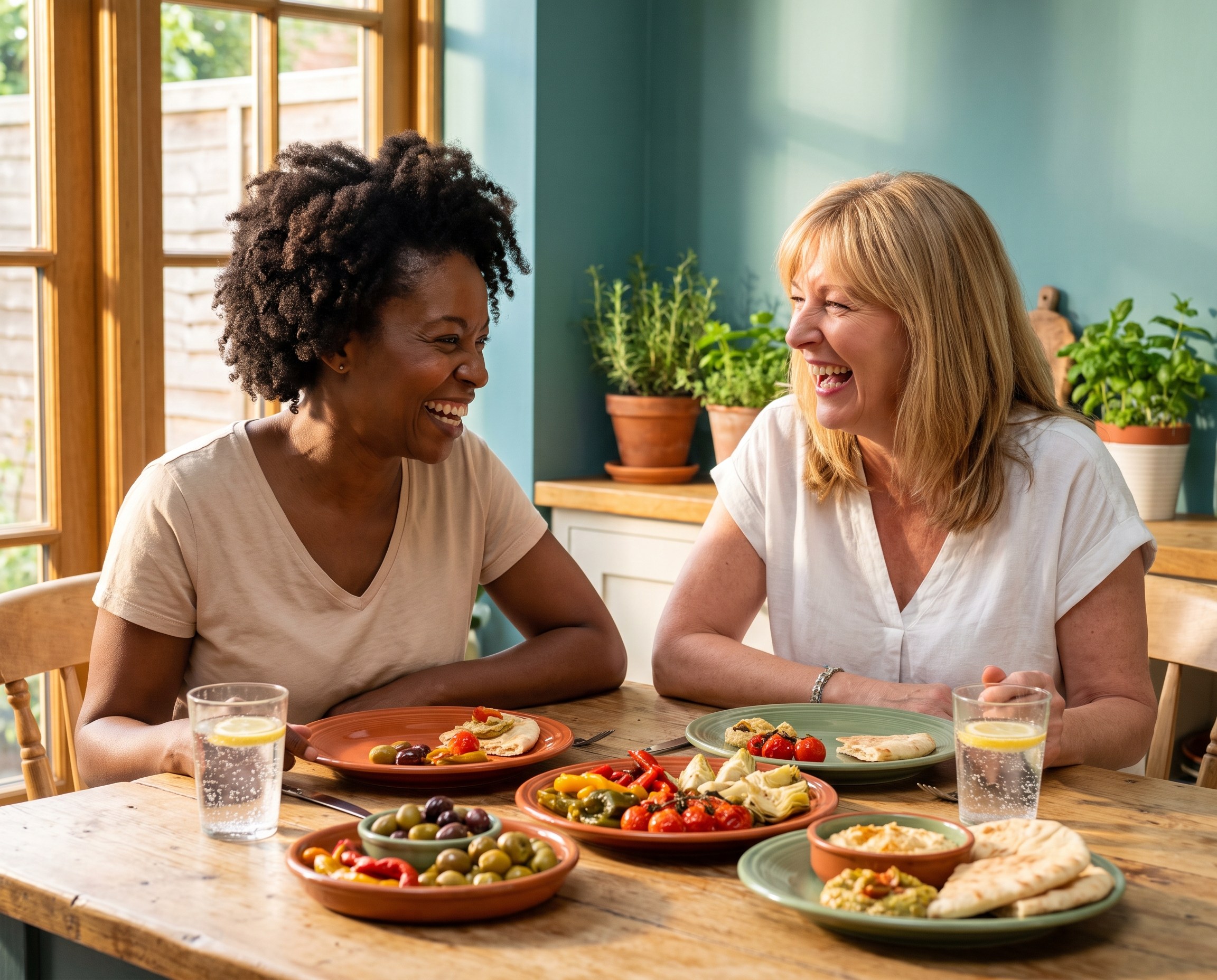 Two women laughing over a Mediterranean lunch spread with colorful ceramic dishes and sparkling water, teal wall behind them