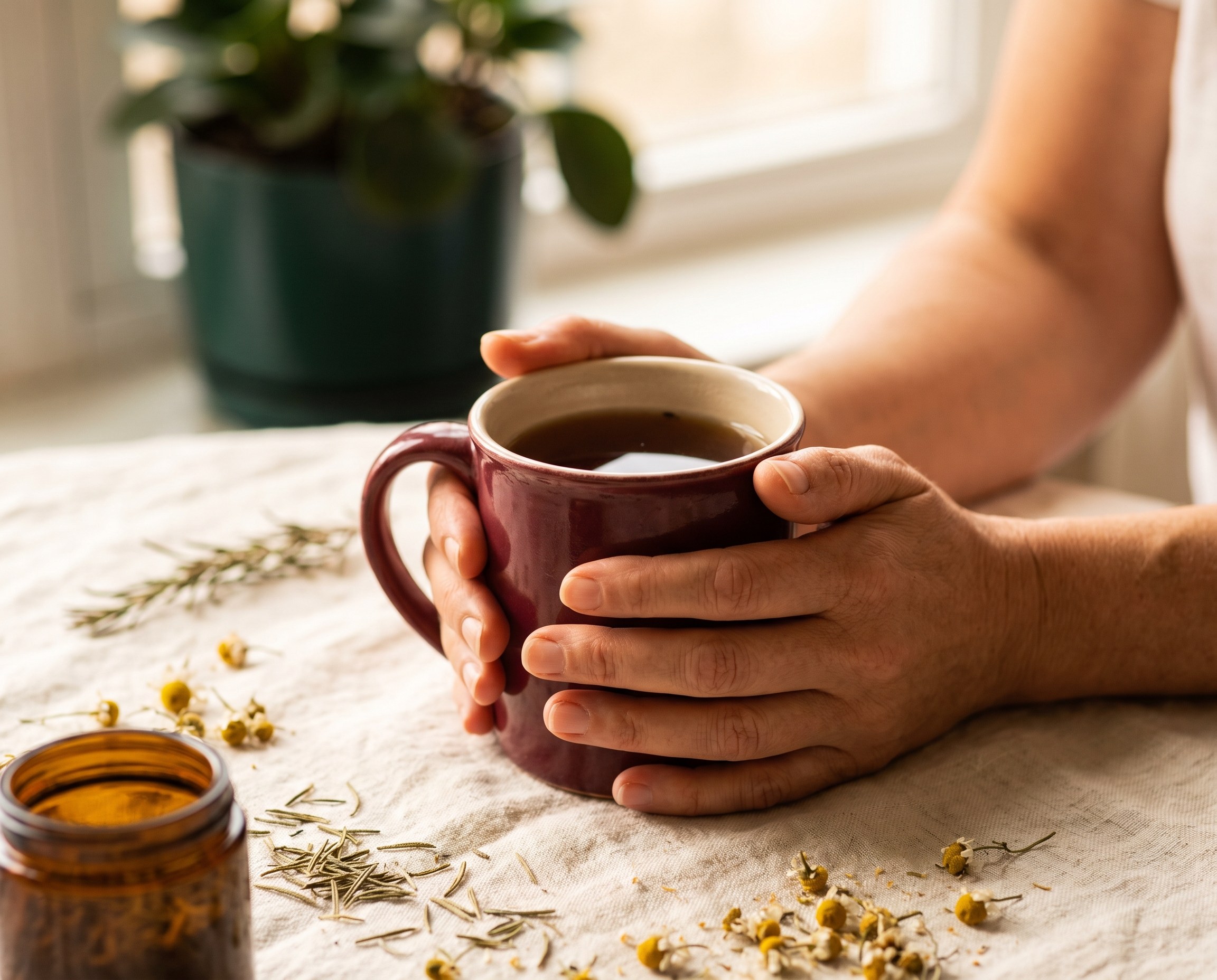 Close-up of hands wrapped around a deep burgundy ceramic mug of tea on a cream linen tablecloth with botanical sprigs