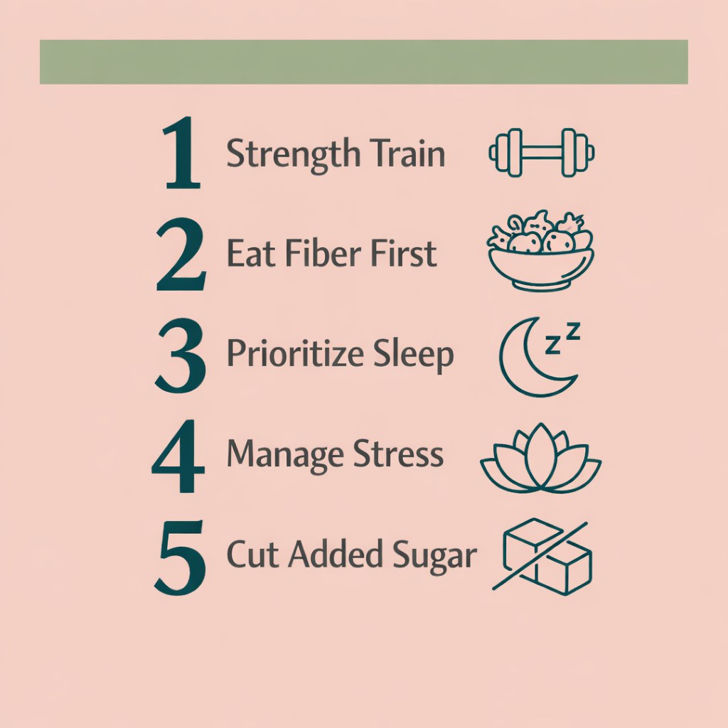 Infographic showing 5 natural strategies for insulin resistance: Strength Train, Eat Fiber First, Prioritize Sleep, Manage Stress, Cut Added Sugar