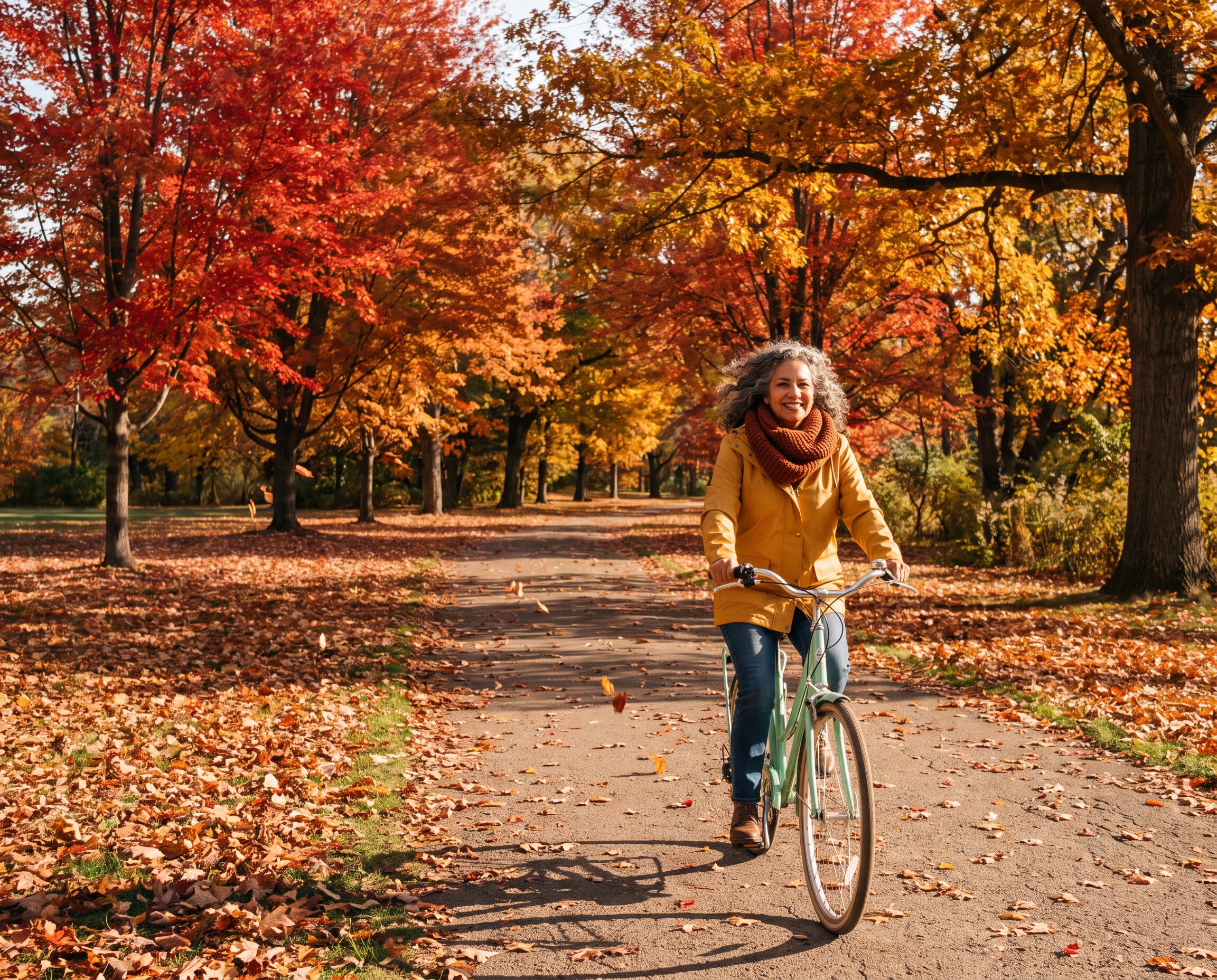 Woman in her 60s with curly salt-and-pepper hair riding a bicycle through a fall park