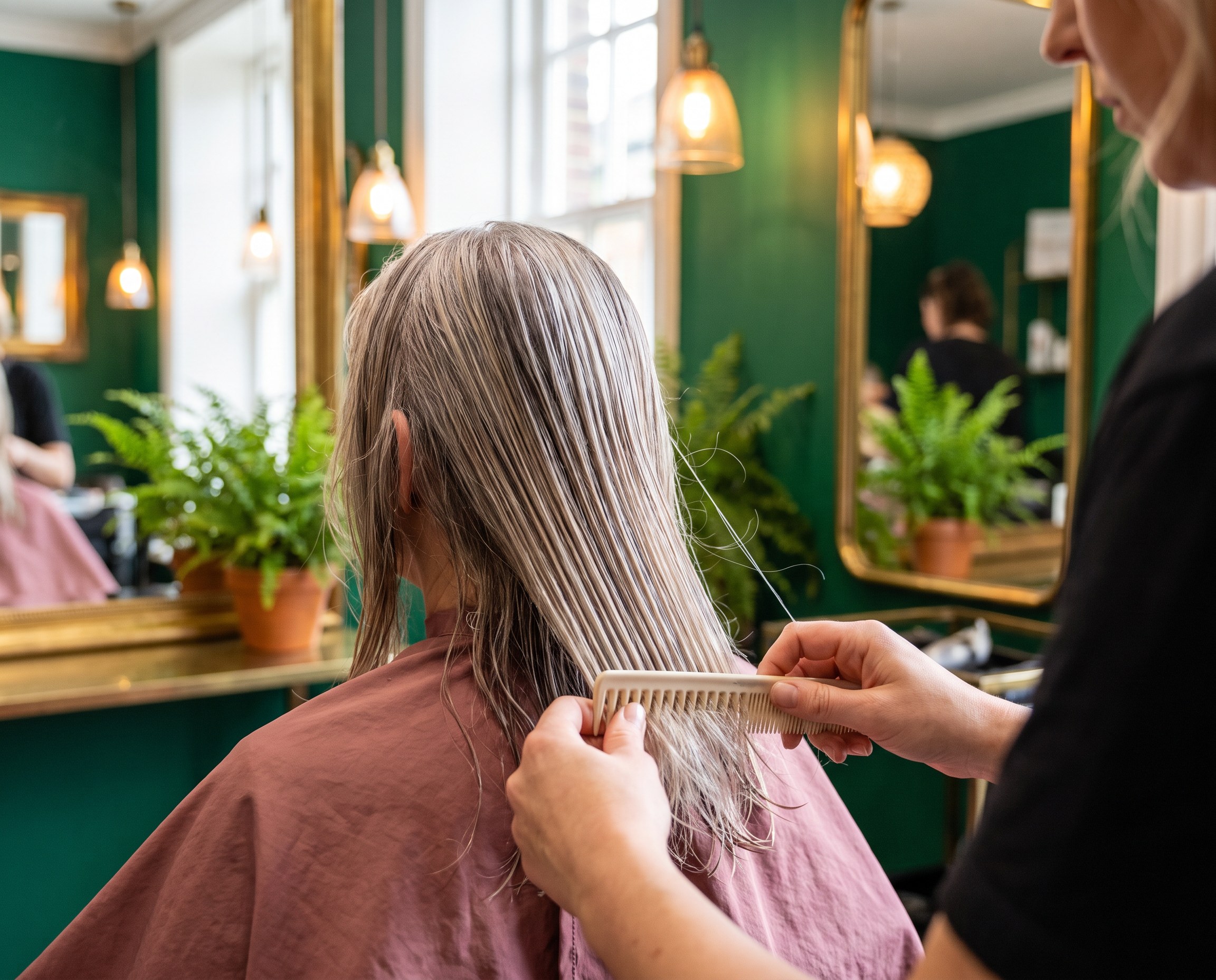 Stylist combing fine blonde and gray hair with a wide-tooth comb in a salon