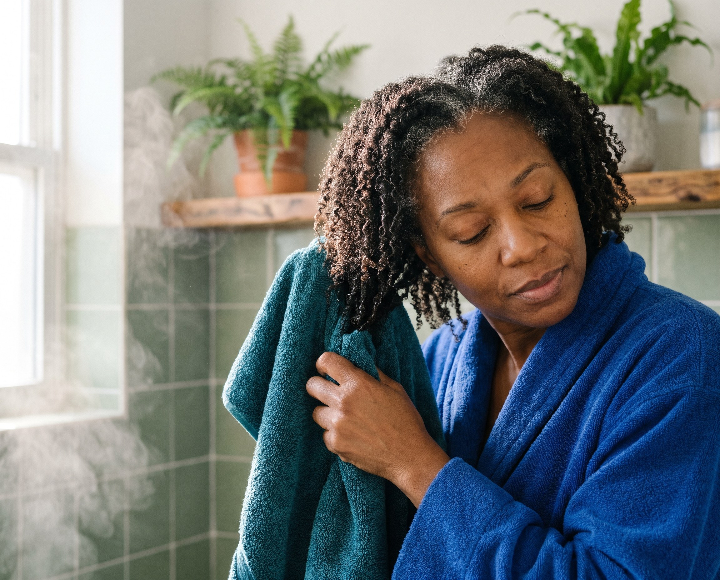 Woman with natural gray-streaked coils pressing water from her hair with a microfiber towel