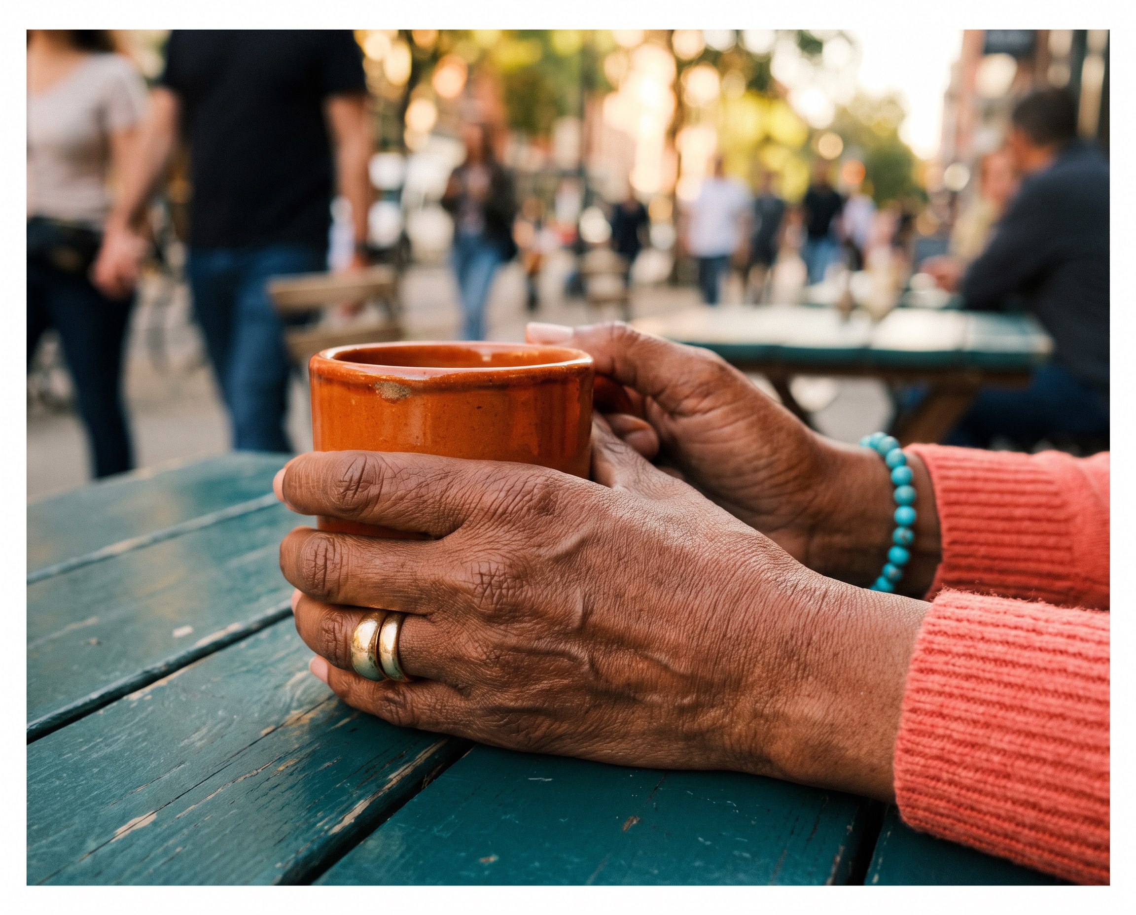 Close-up of an older woman’s hands with natural veins and texture wrapped around a terracotta mug at a cafe table