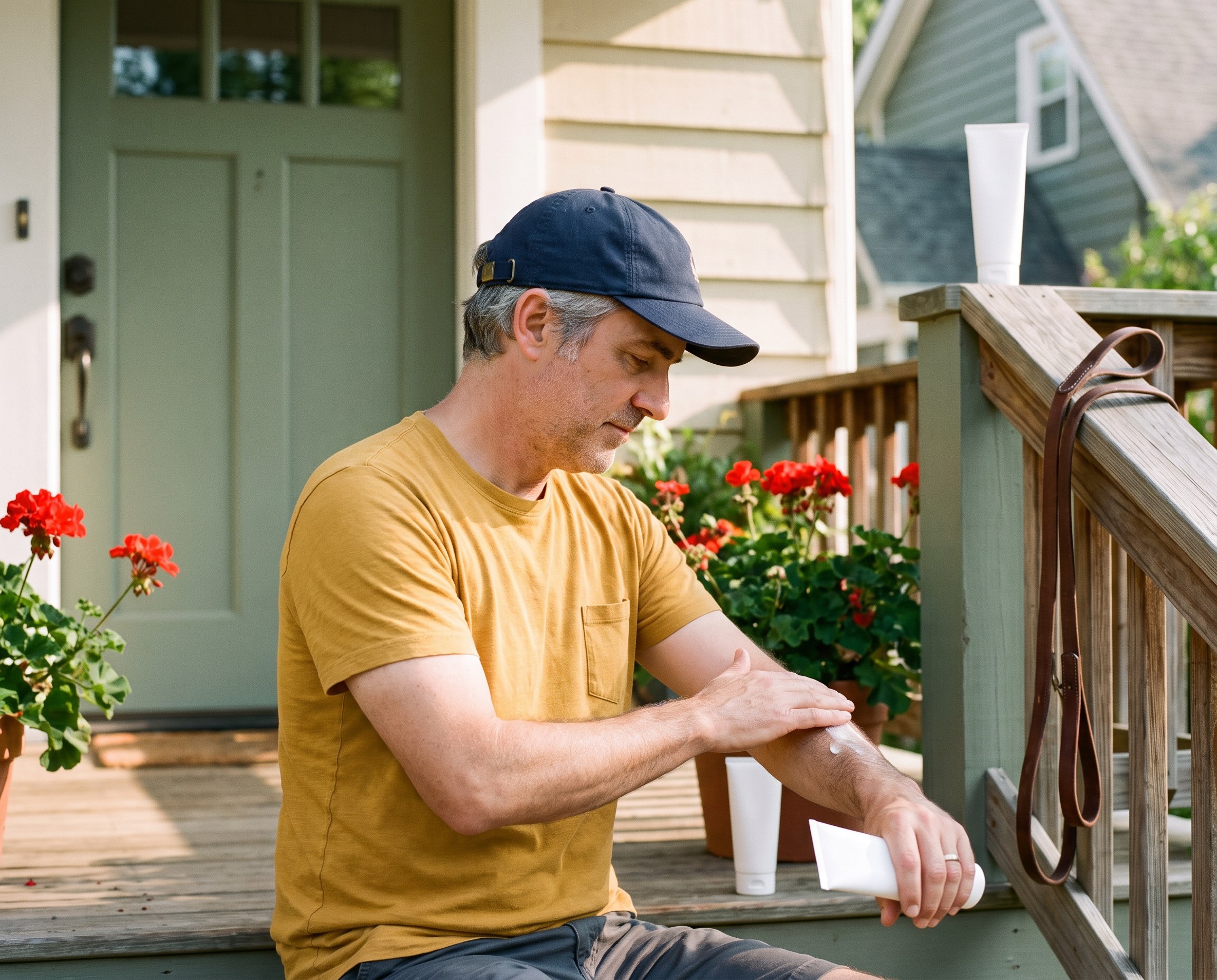 Man in a mustard shirt applying sunscreen to the back of his hand on a sunny front porch before a walk