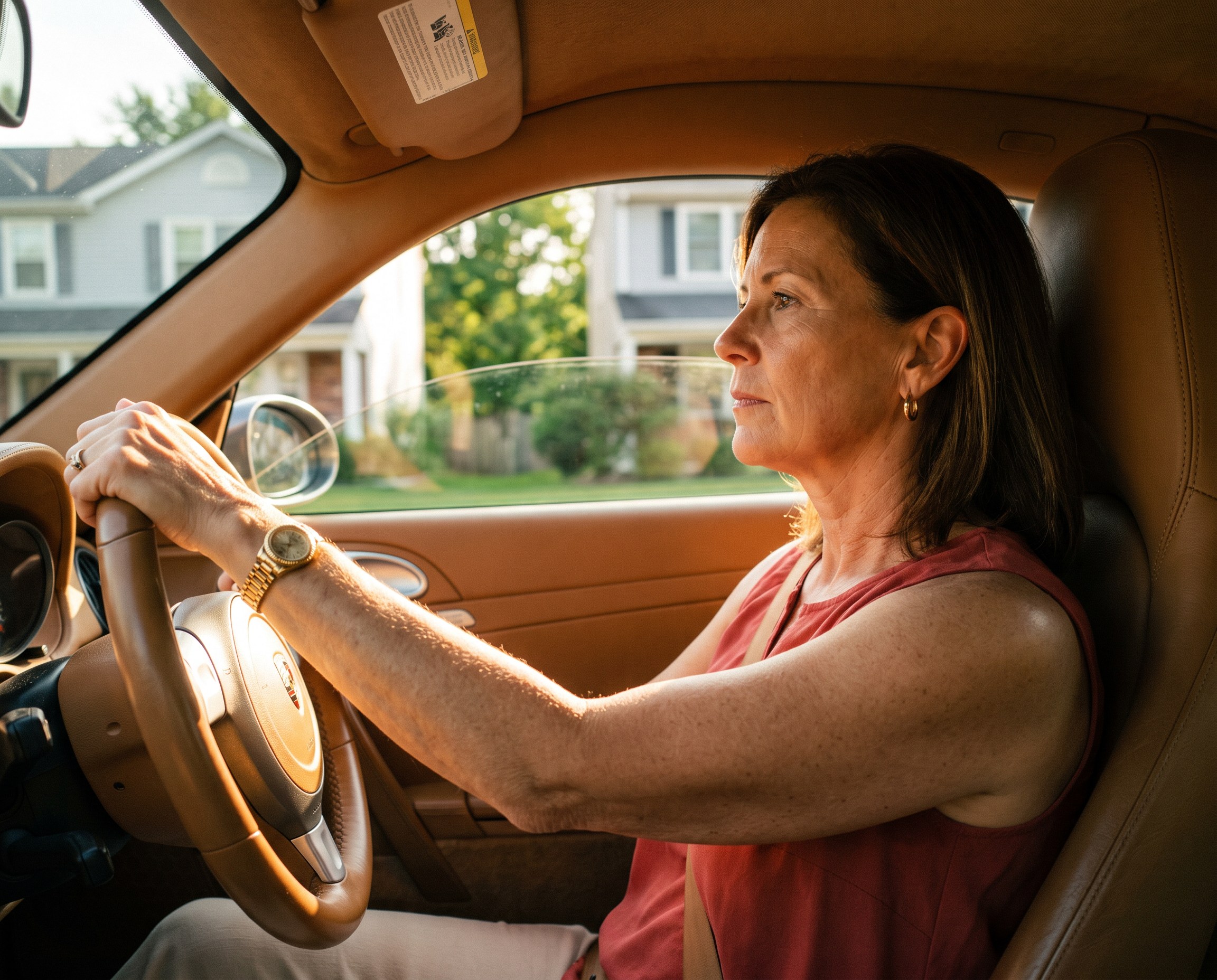 Woman driving with afternoon sun coming through the side window onto her left hand, arm and neck