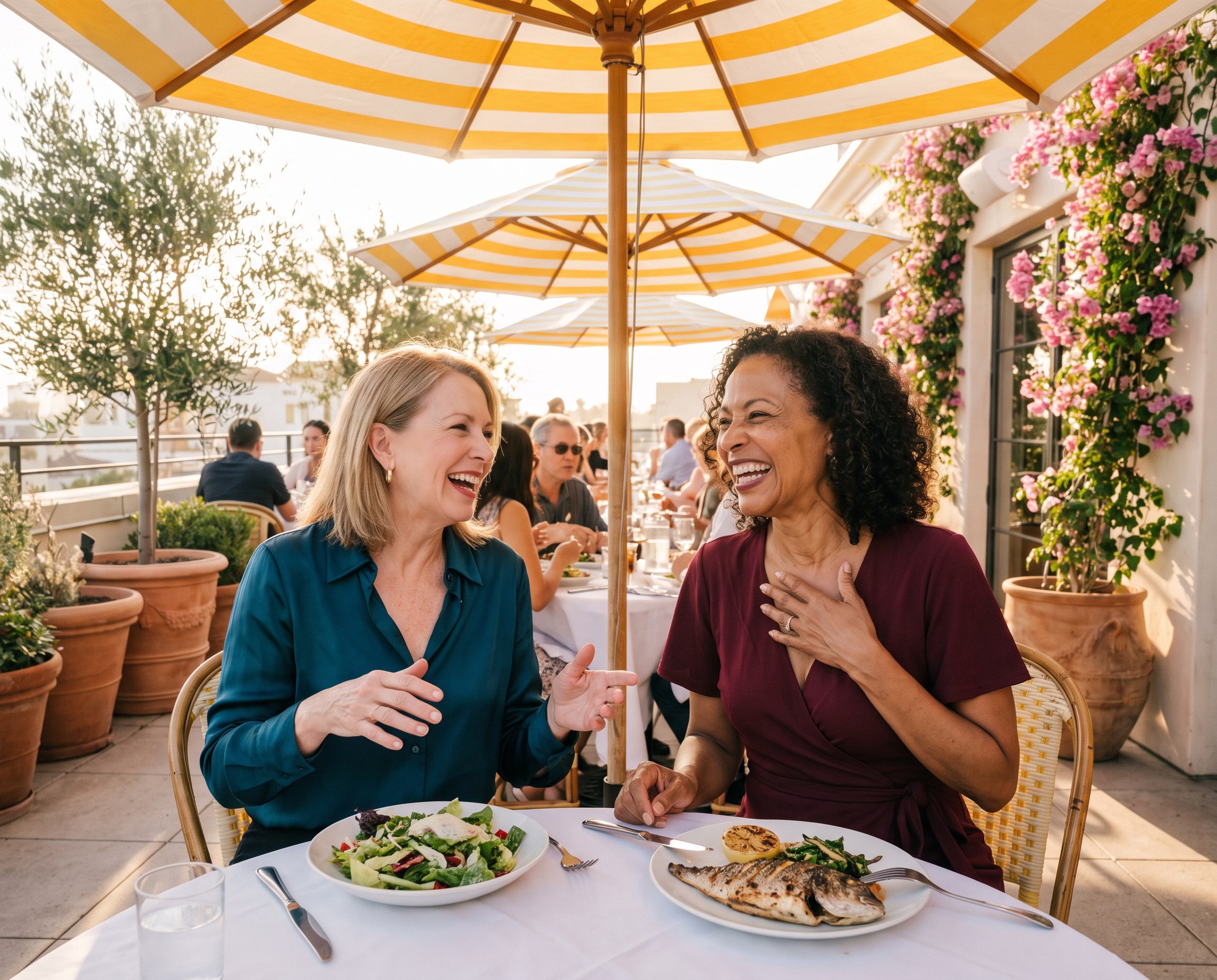 Two women in their 60s laughing over lunch at a sunny rooftop restaurant with bougainvillea behind them