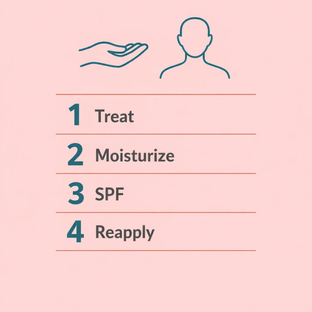 Four-step neck and hand routine infographic: treat, moisturize, SPF, reapply