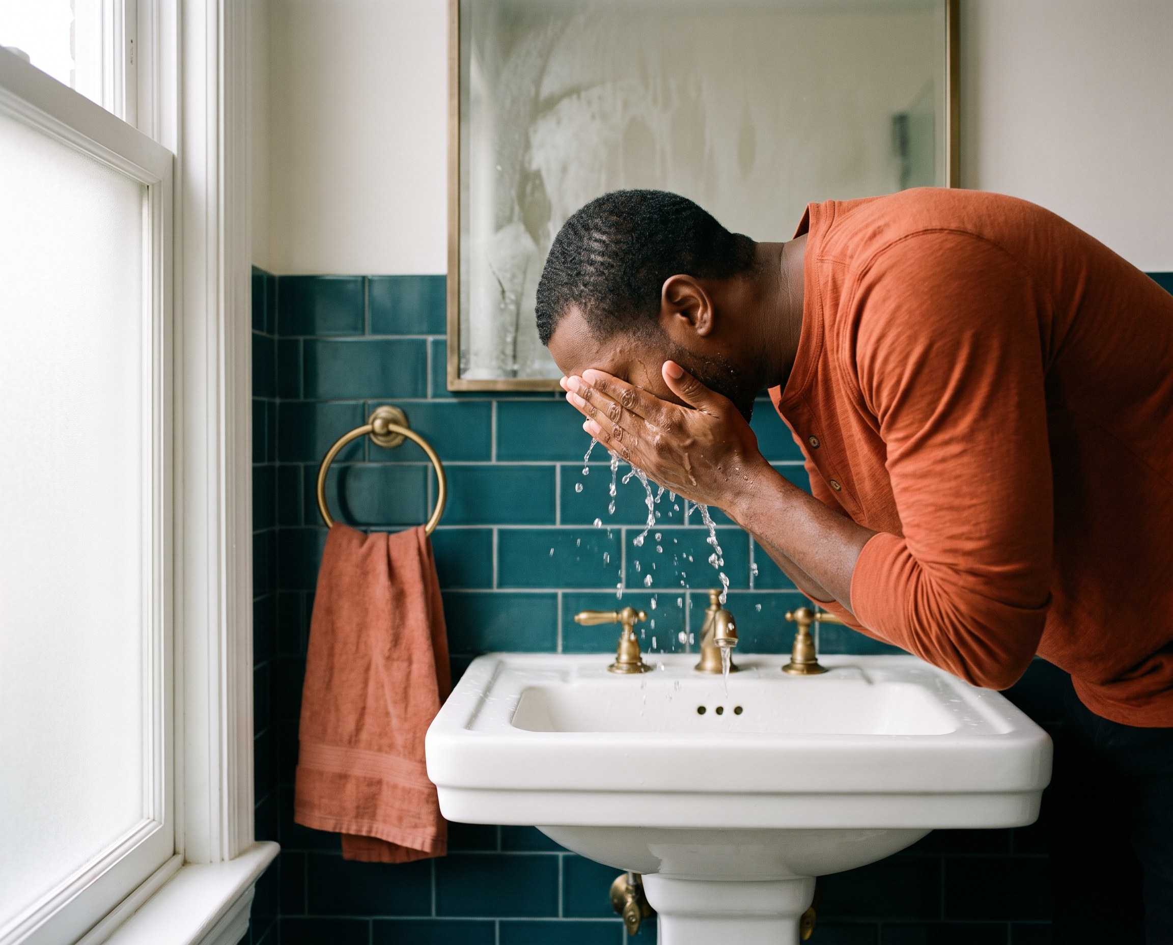 Man splashing lukewarm water on his face at a sink in a teal-tiled bathroom