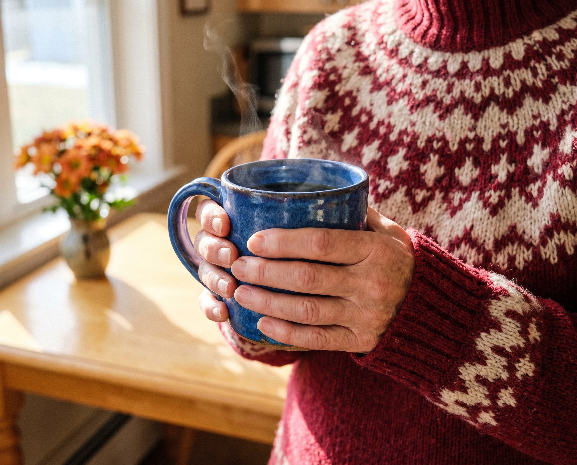 Older woman's hands in a red fair isle sweater wrapped around a blue mug of tea
